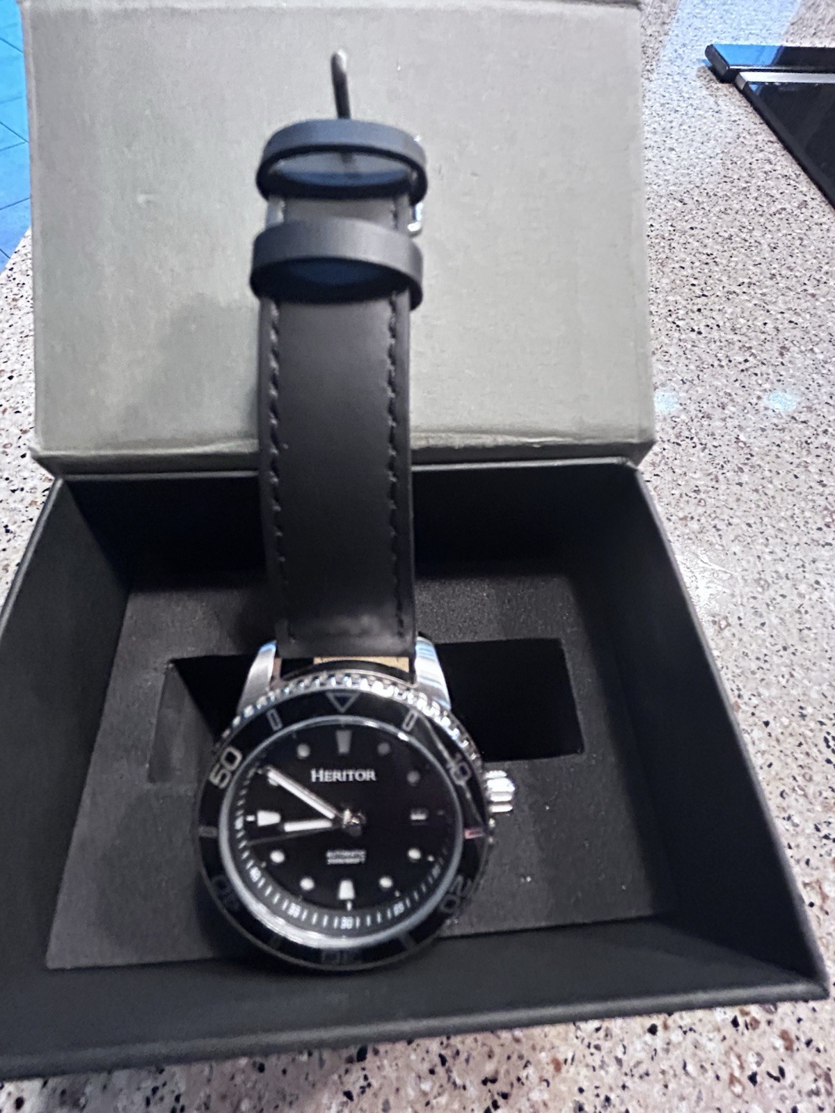 Heritor Men’s Automatic Diver Watch Black Dial Leather Strap Date w/ Box