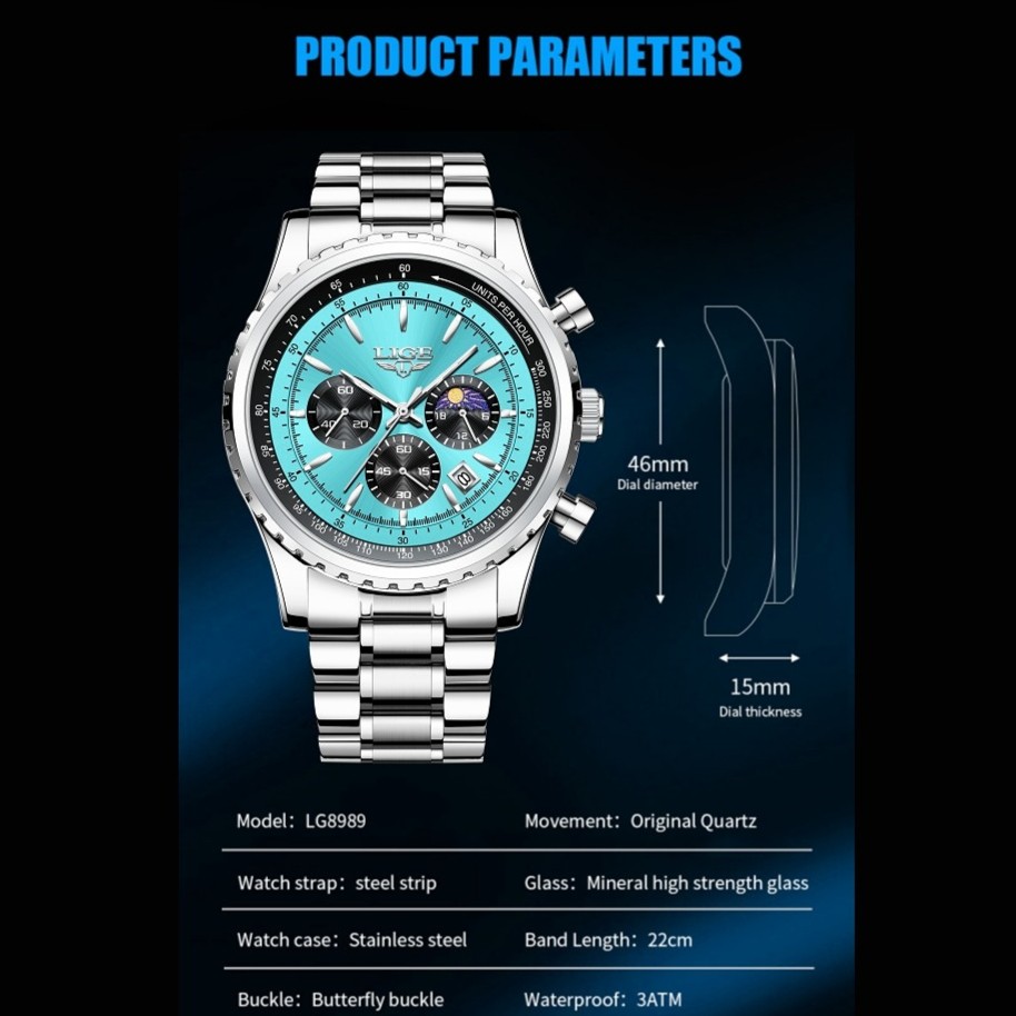 LIGE Men Watch Quartz Date Luminous Chronograph Waterproof Stainless Steel Watch