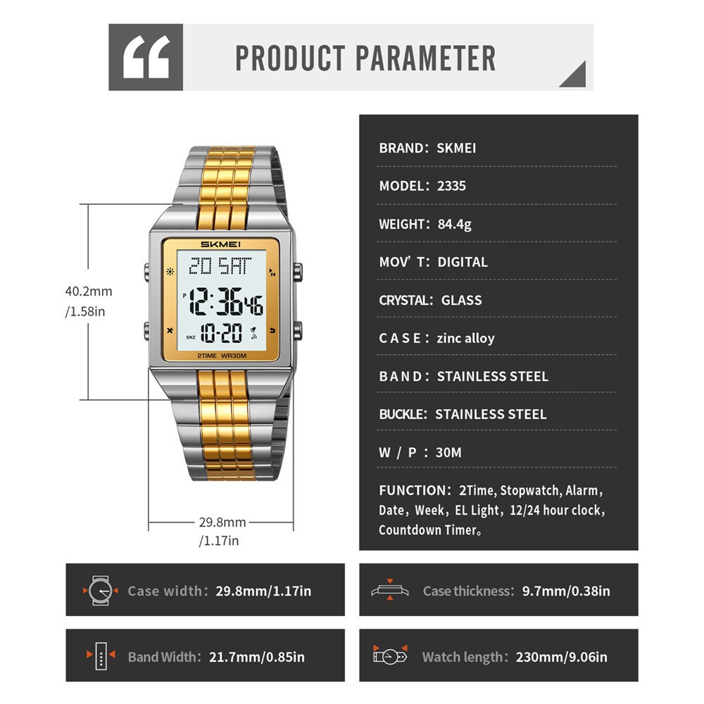 SKMEI Men Rectangle Watch Digital LED Wristwatch Steel Electronic Sport Watches