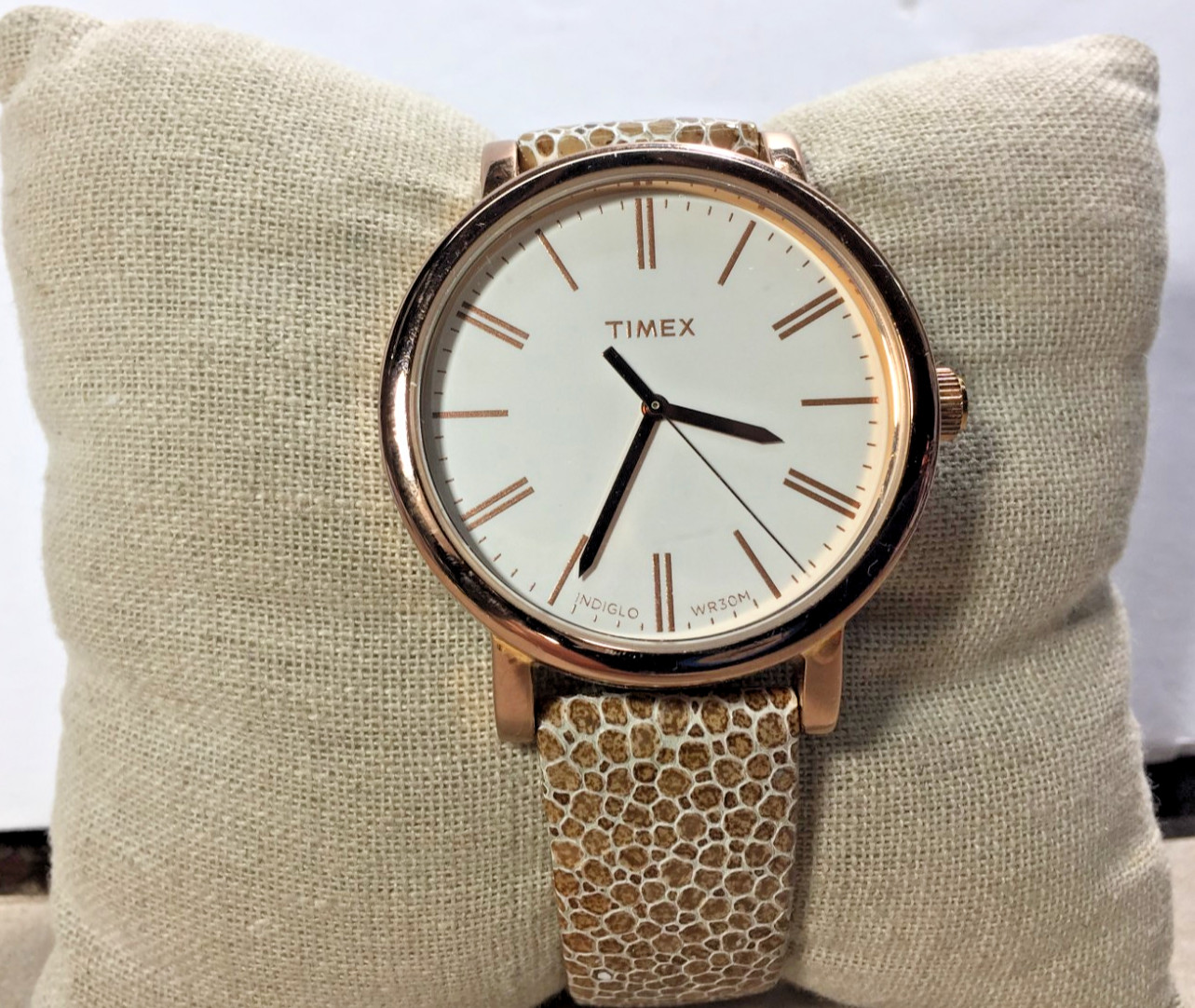 Timex Watch Indiglo Rose Gold Tone, Brown Beige Stones Print LH Band Working !