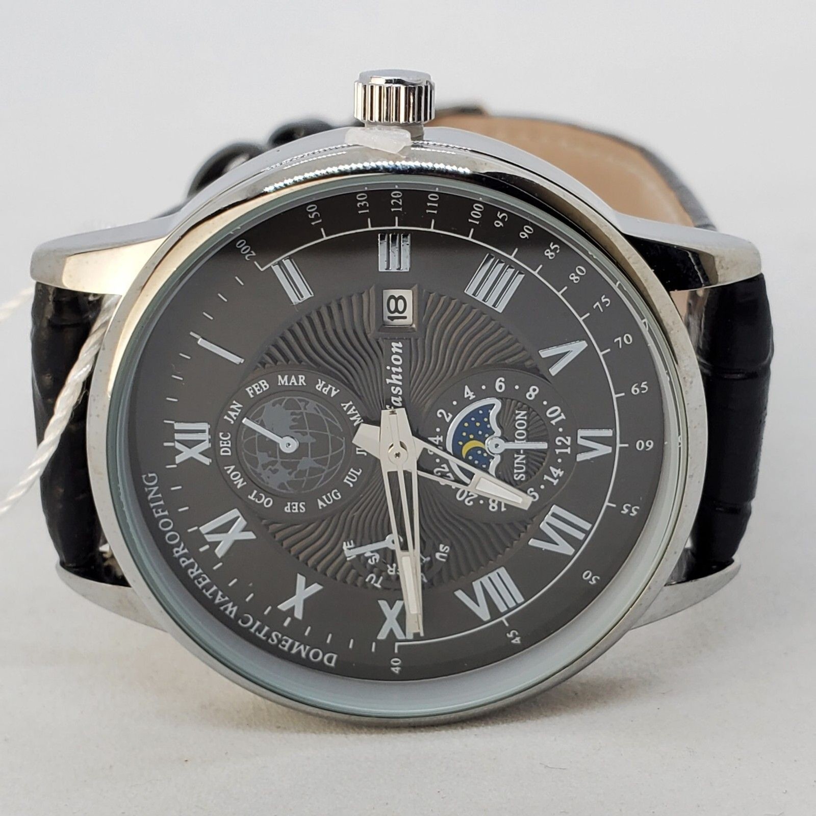 40MM Men’s Watch Black Dial Gray Case Black Leather Bands Roman Numerals Date