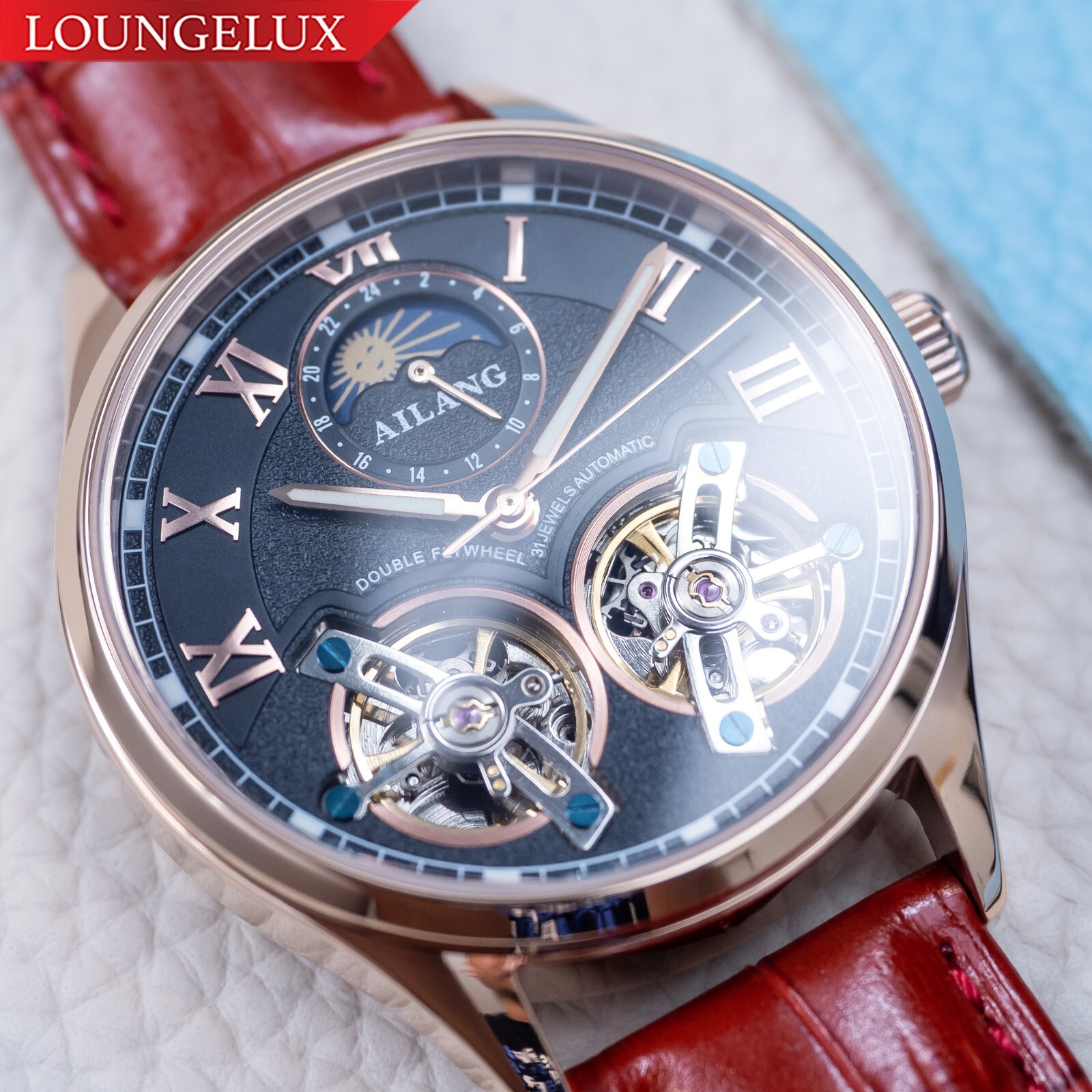 Mens Double Flywheel Luxury Bling Skeleton Automatic Mechanical Watch Rose Gold