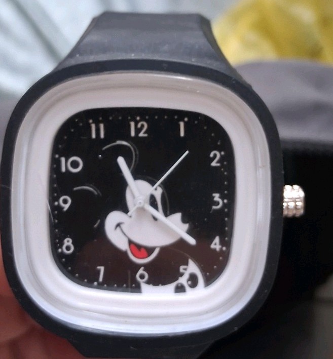 Disney Mickey Mouse Quartz Analog Cushion Case Watch Black Rubber Strap