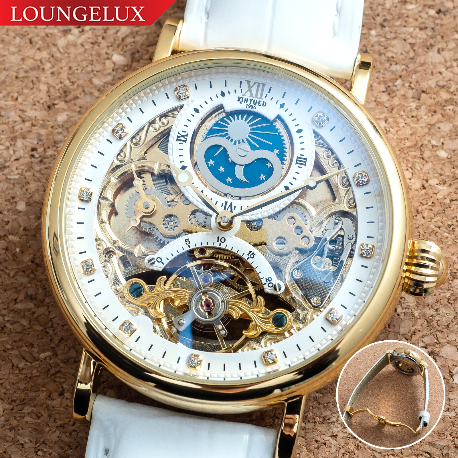 Mens Gold Dual Time Wind Up Automatic Mechanical Watch White Leather Strap