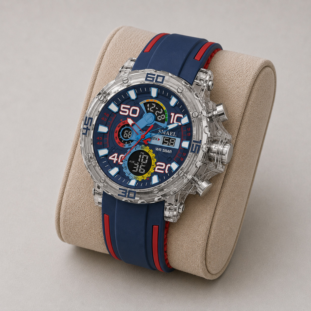 SMAEL Men Analog Digital Watch 5BAR Sport Blue Red Silicone Strap