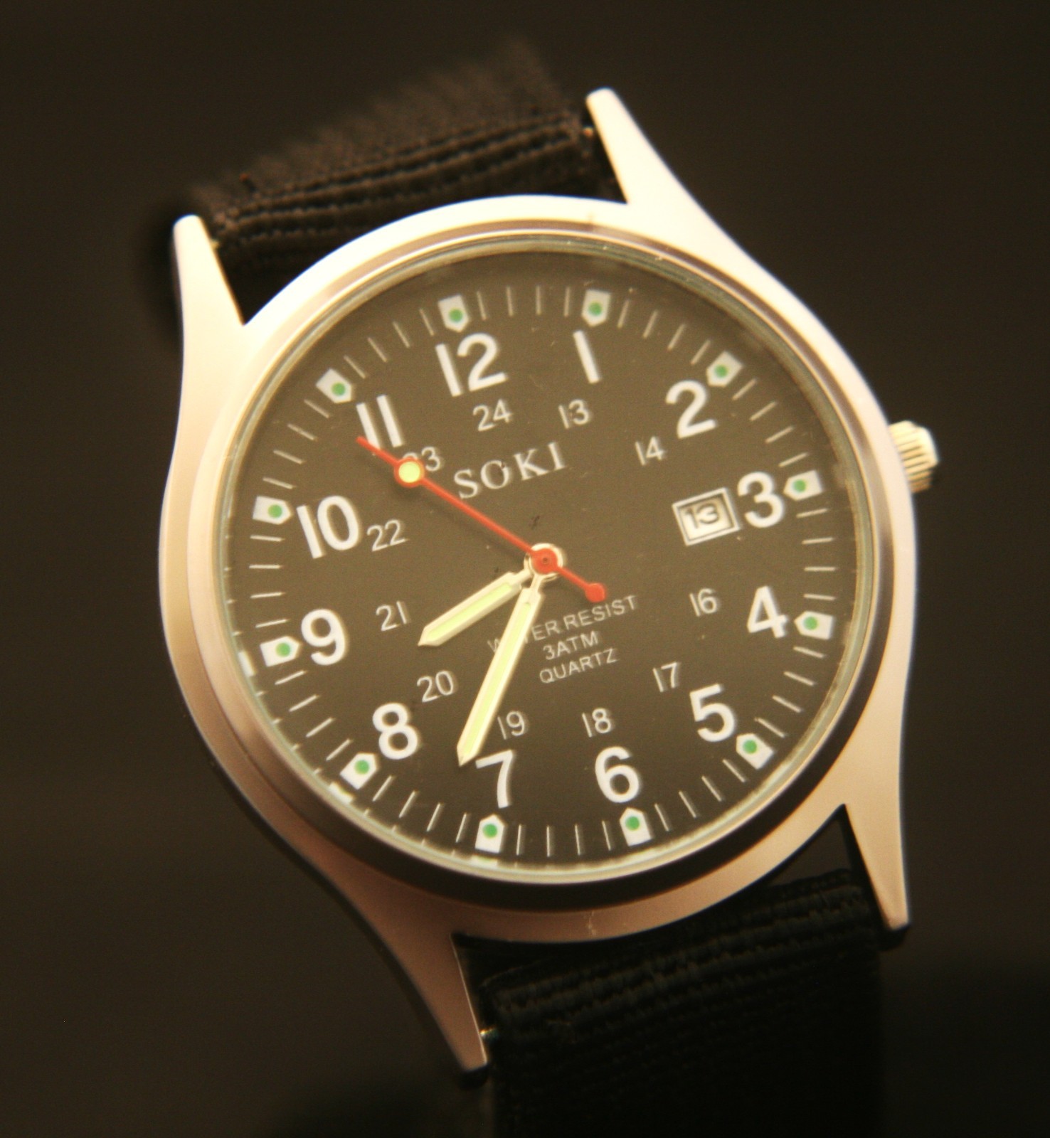 Men’s new Soki quartz military black dial luminous hands, calendar wristwatch