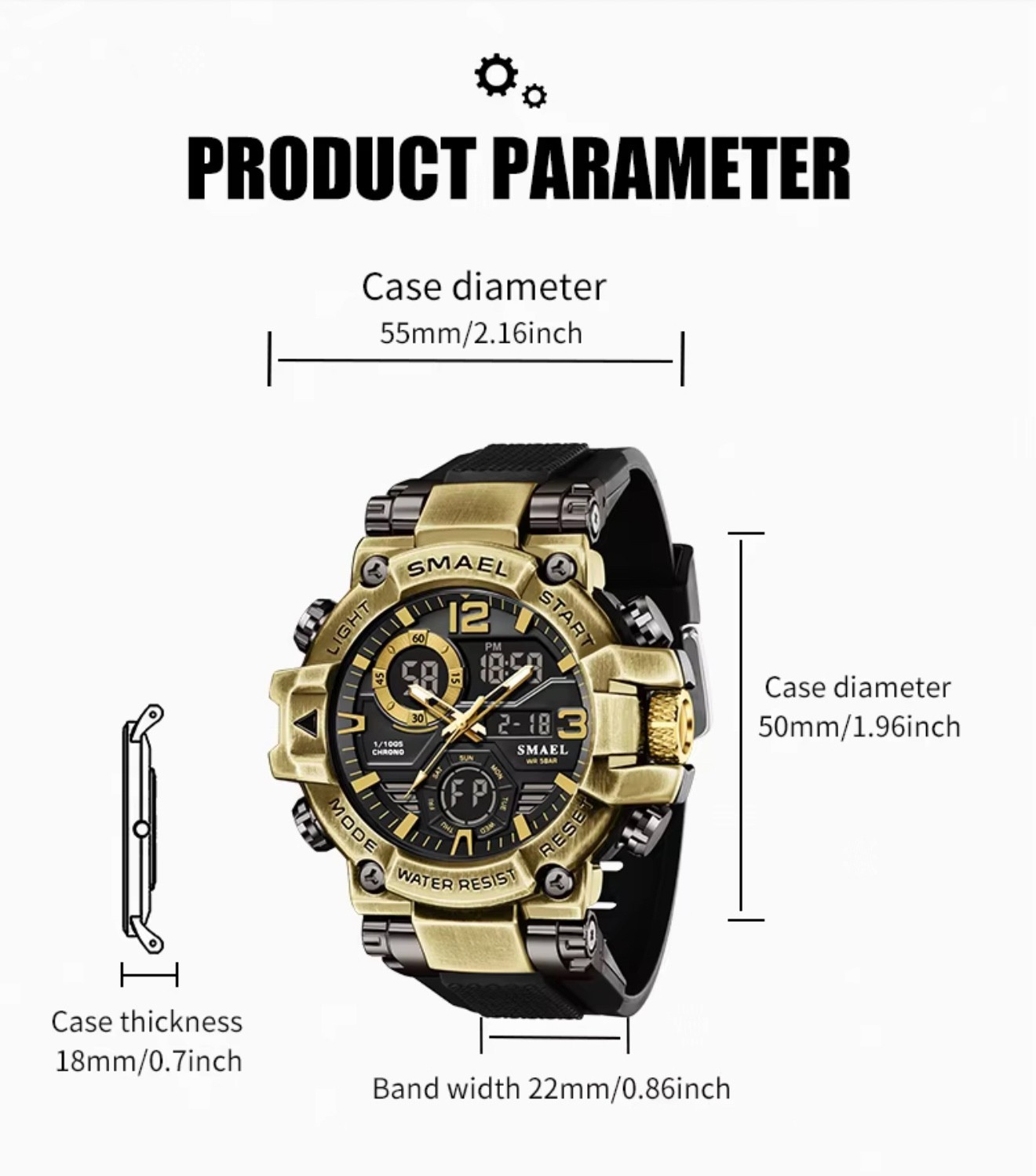 Oversized Chronograph Waterproof Digital Sport Shock Resistant WRIST WATCH 55mm