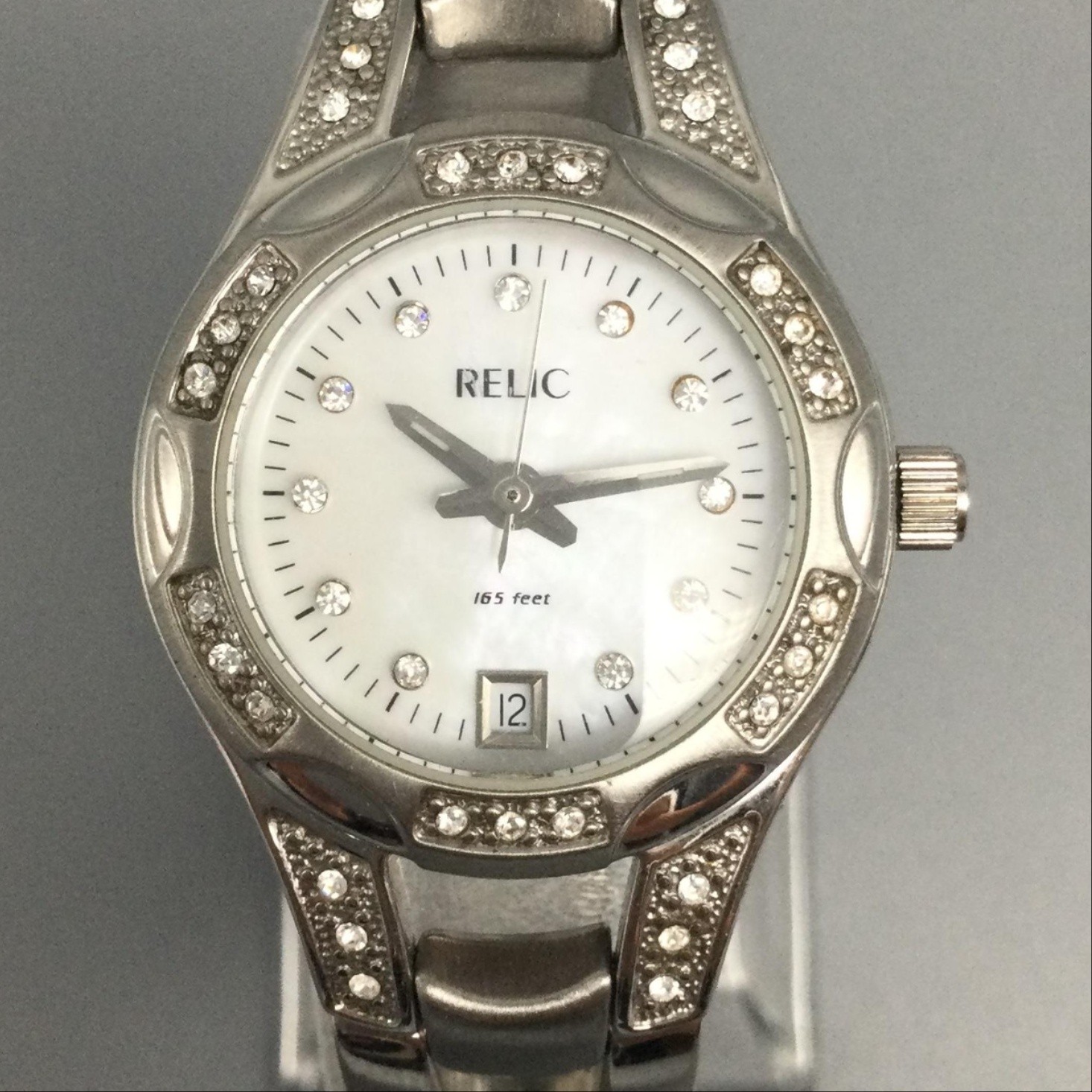 Relic Women Watch 25mm Silver Tone Crystals Date Stainless New Battery 7.25″