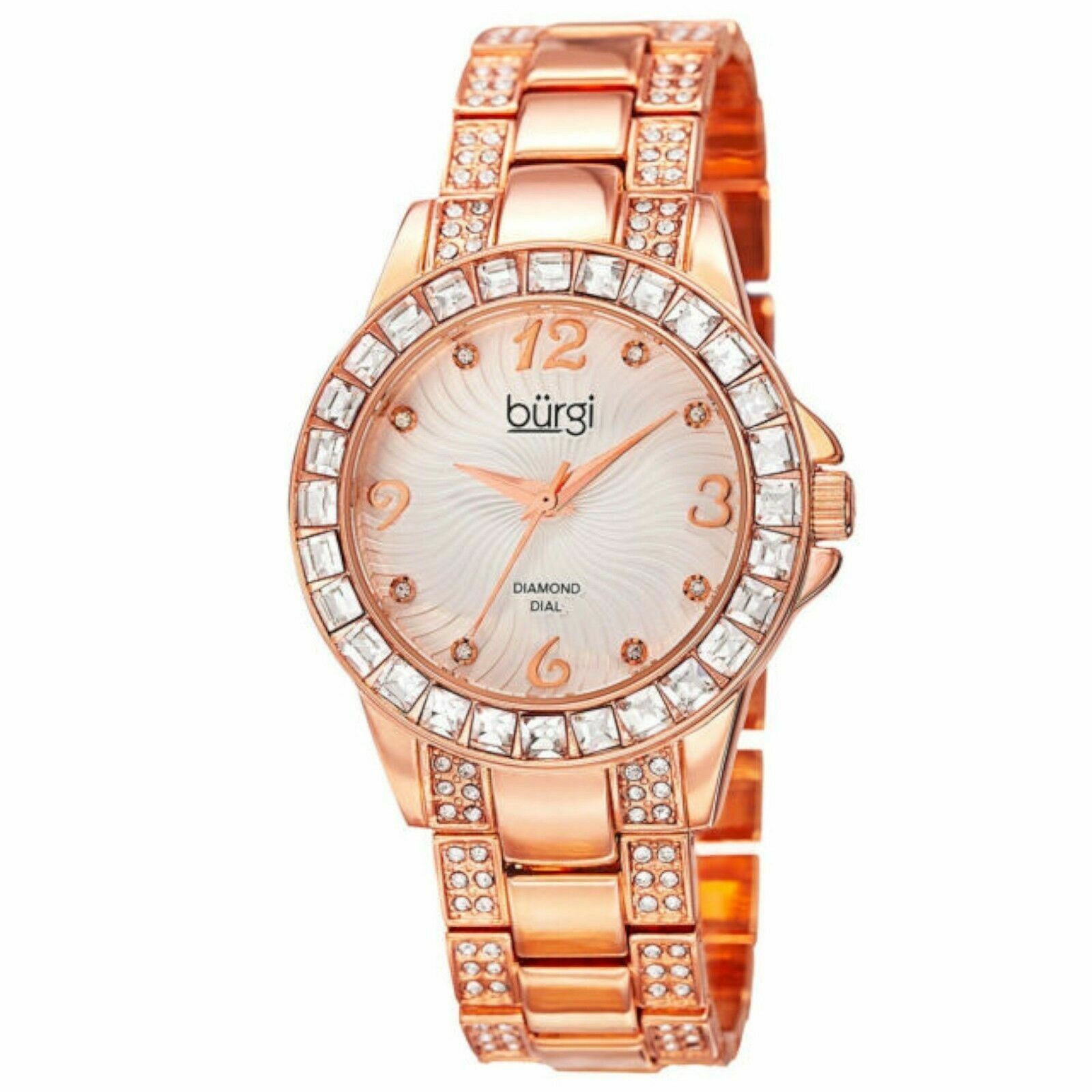NEW Burgi BUR137RG Womens Crystal Baguette Bezel Embossed Swirls Rose Gold Watch