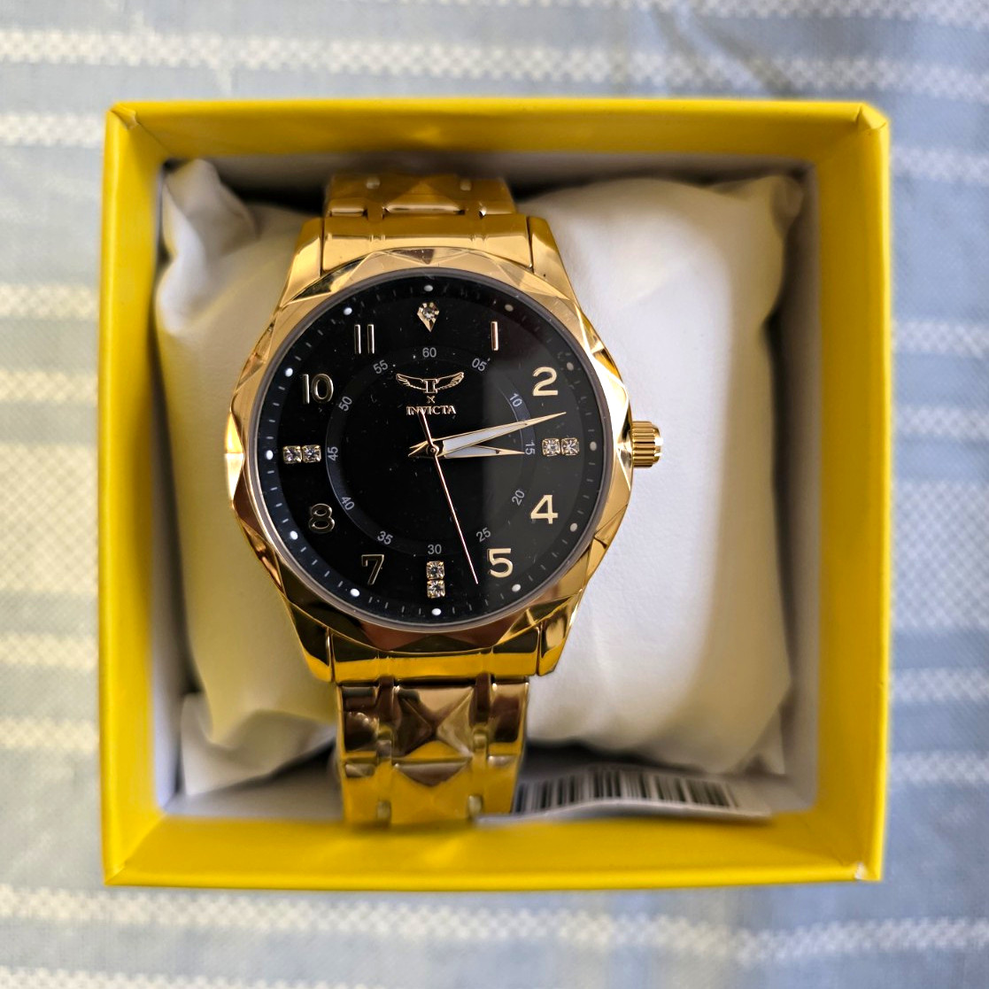 Invicta Angel Women’s Quartz Wristwatch Black Dial Gold Tone Bracelet Box
