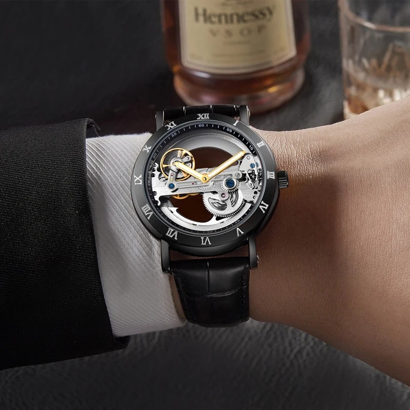 Men’s Automatic Watch Skeleton Mechanical Leather Strap Waterproof Wristwatch