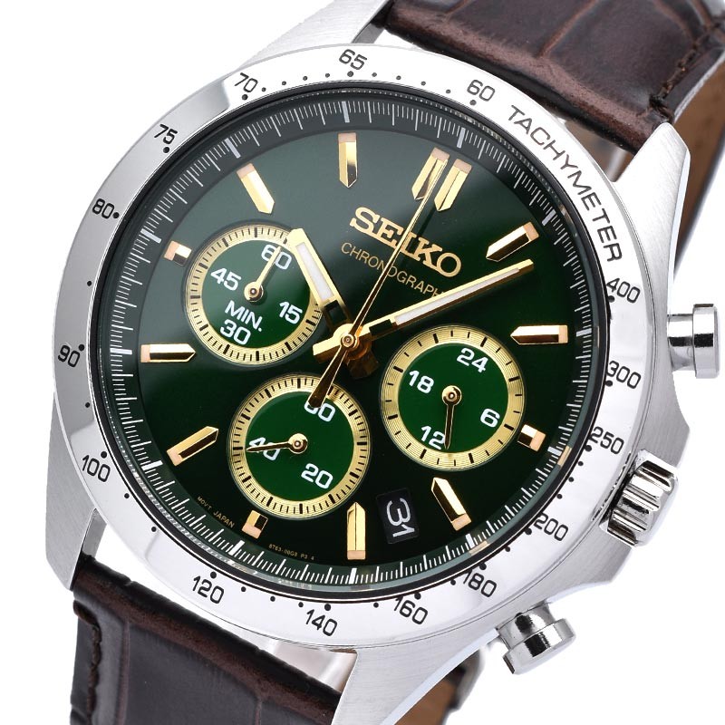 SEIKO SELECTION SBTR017 Chronograph Quartz Watch Green Dial Leather Band 39.8mm