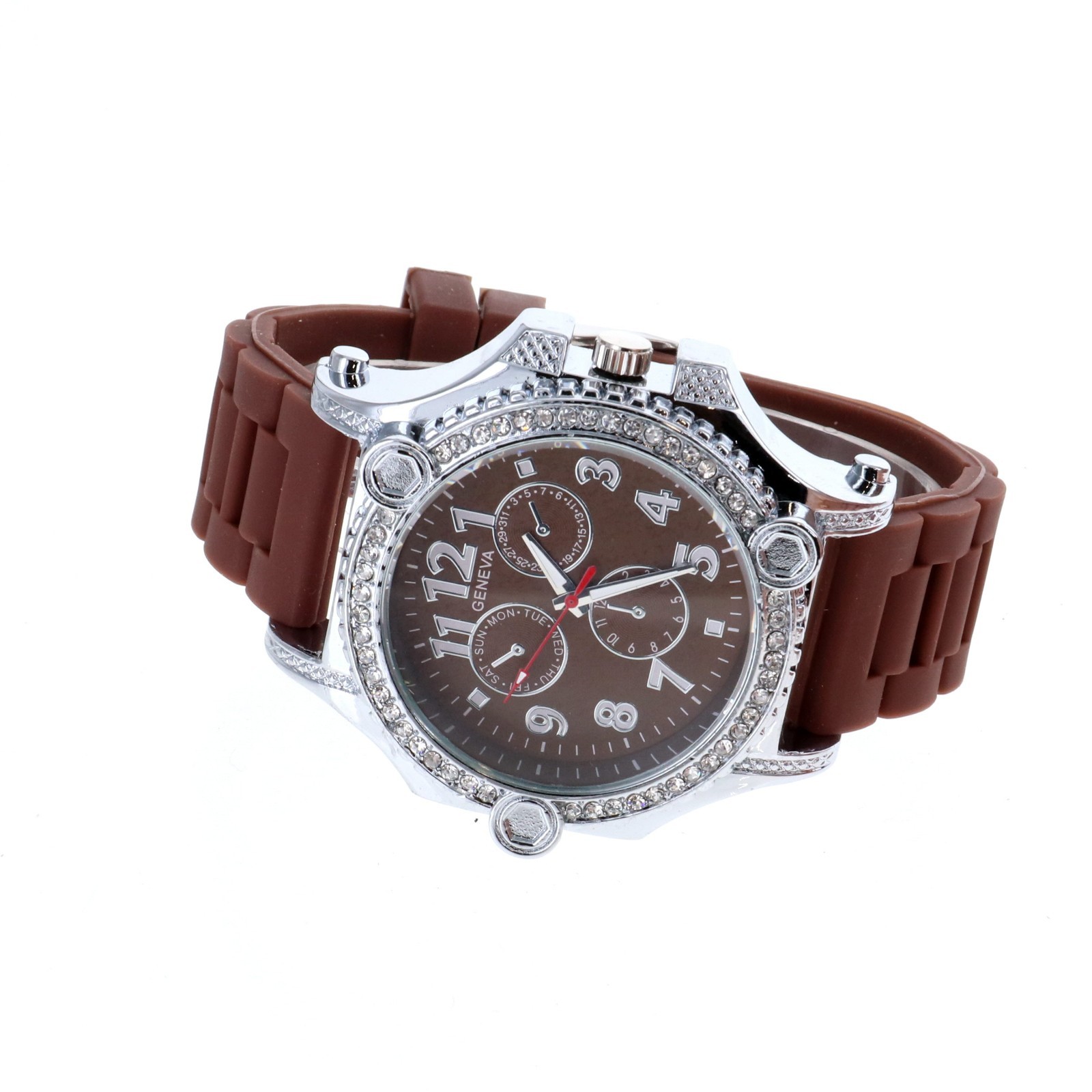 Heavy Men’s Iced Luxury Bezel Hip Hop Silver Tone Bezel Brown Silicone Band 54mm