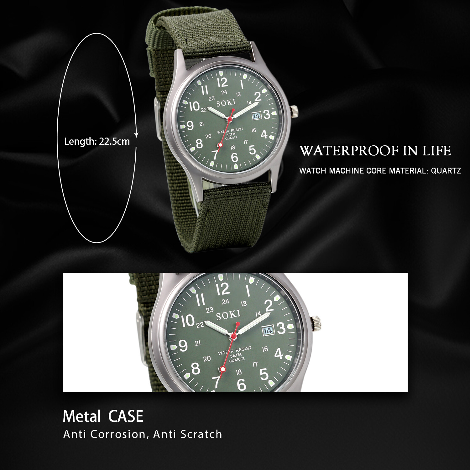 Mens Watch Easy Reader Date Leather Strap Watch Military Wrist Watch Canvas Band
