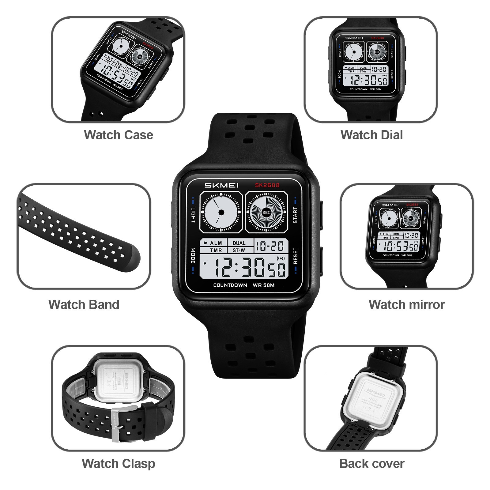 SKMEI Men Digital Watch Countdown Electronic Wristwatch Student Boys Alarm Watch
