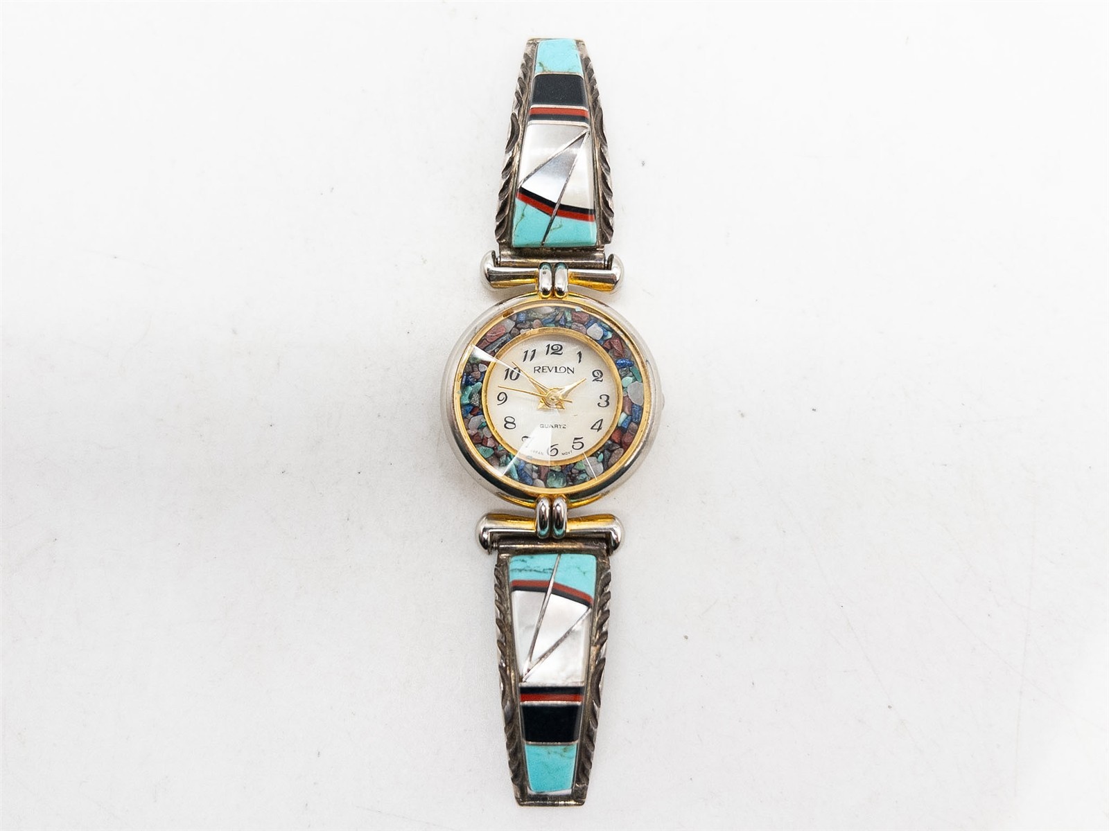 $600 REVLON NAVAJO Sterling Silver Turquoise Coral Onyx Ladies Watch WTY