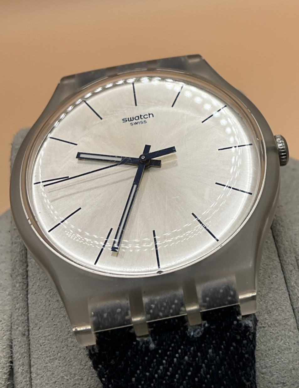 Swatch AG-2012 Clear Case Silver Dial with Denim/Leather Band – New Battery