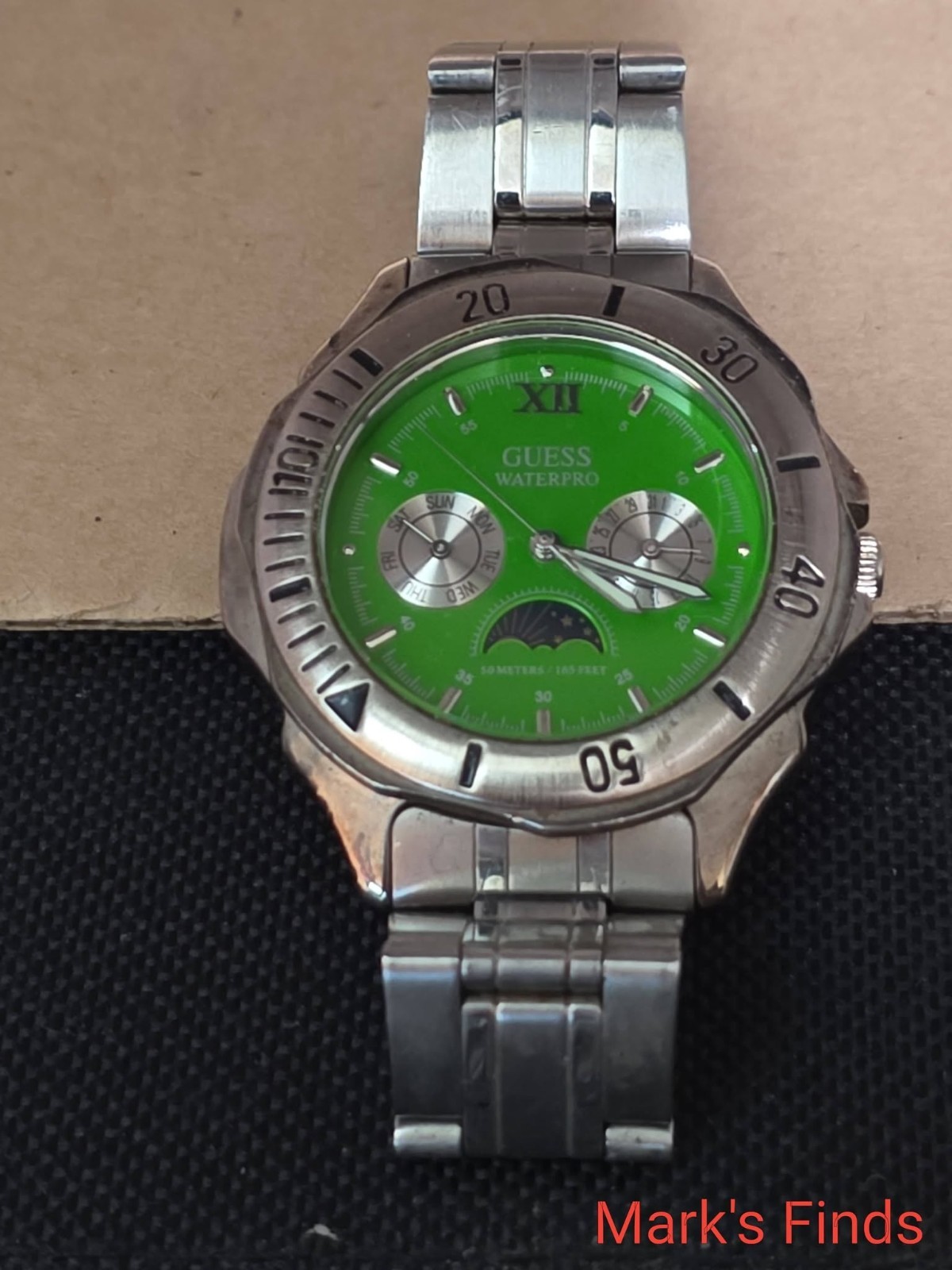 Guess Waterpro Chrono Style 39mm Green Dial Two Tone Moonphase Quartz Mens Watch
