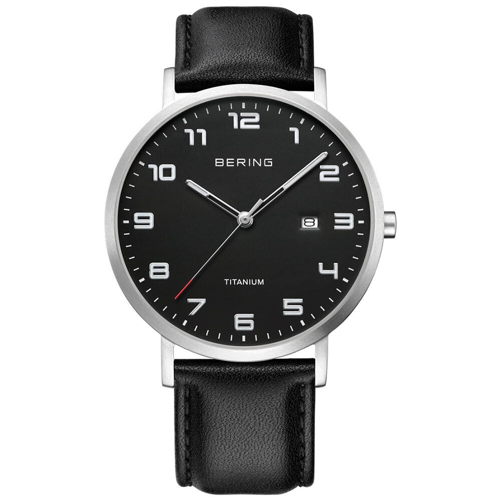 Bering Time Silver Titanium Case and Black Leather Strap Men’s Watch. 18640-402