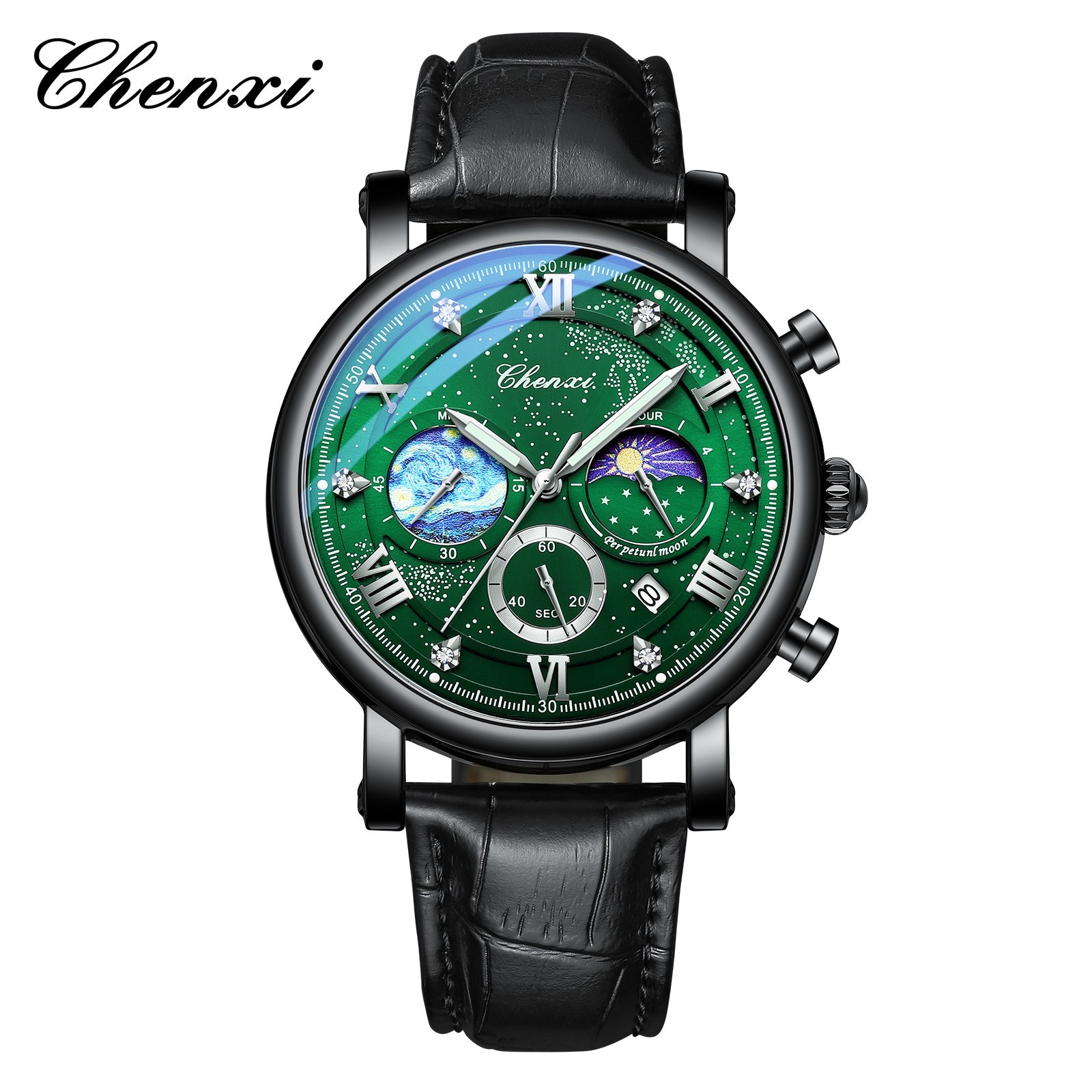 CHENXI Men’s Luminous Dial Calendar Chronograph Moon Phase Business Quartz Watch