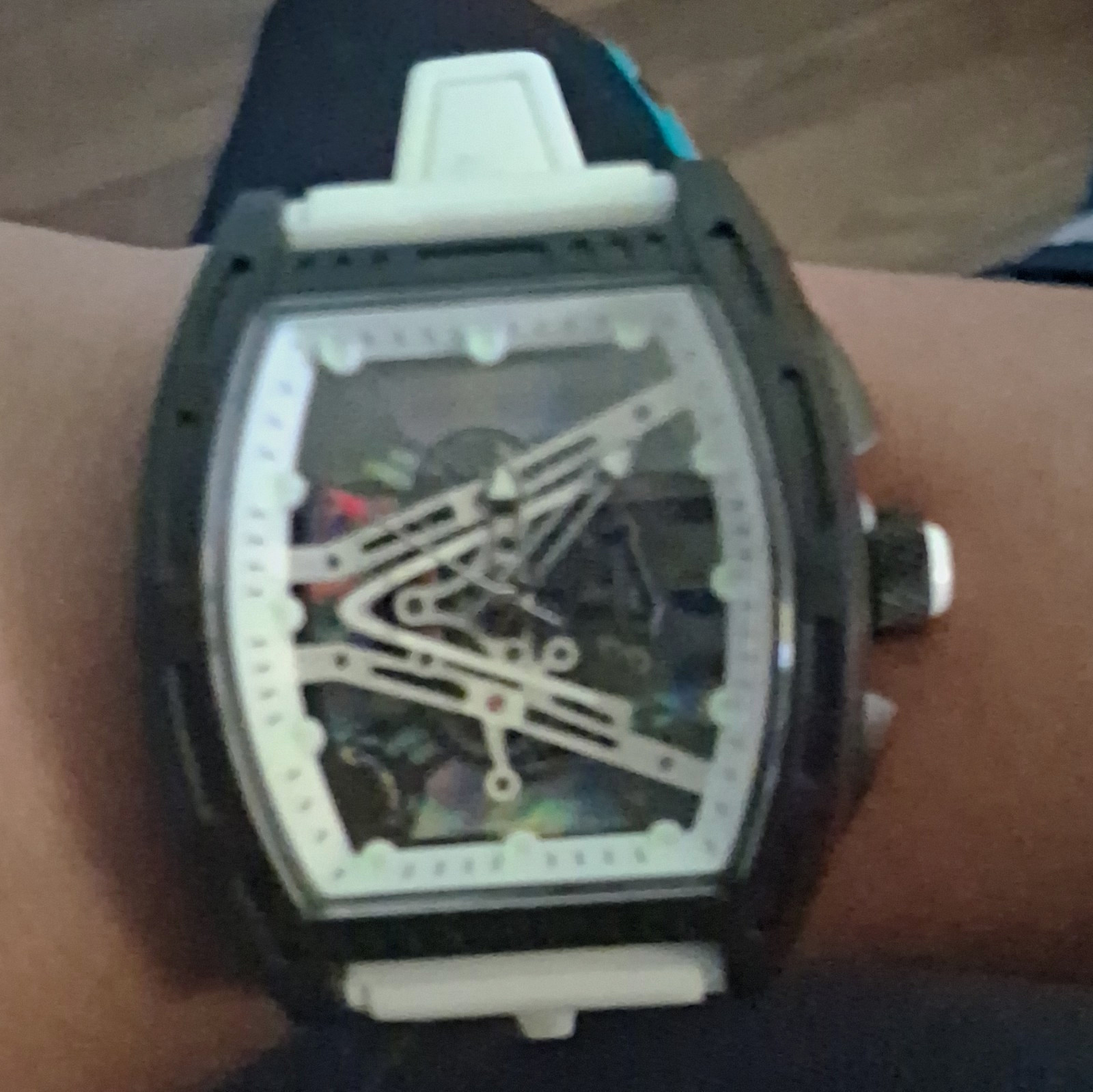 Skeleton Tonneau Analog Wristwatch Black Case White Rubber Strap Buckle