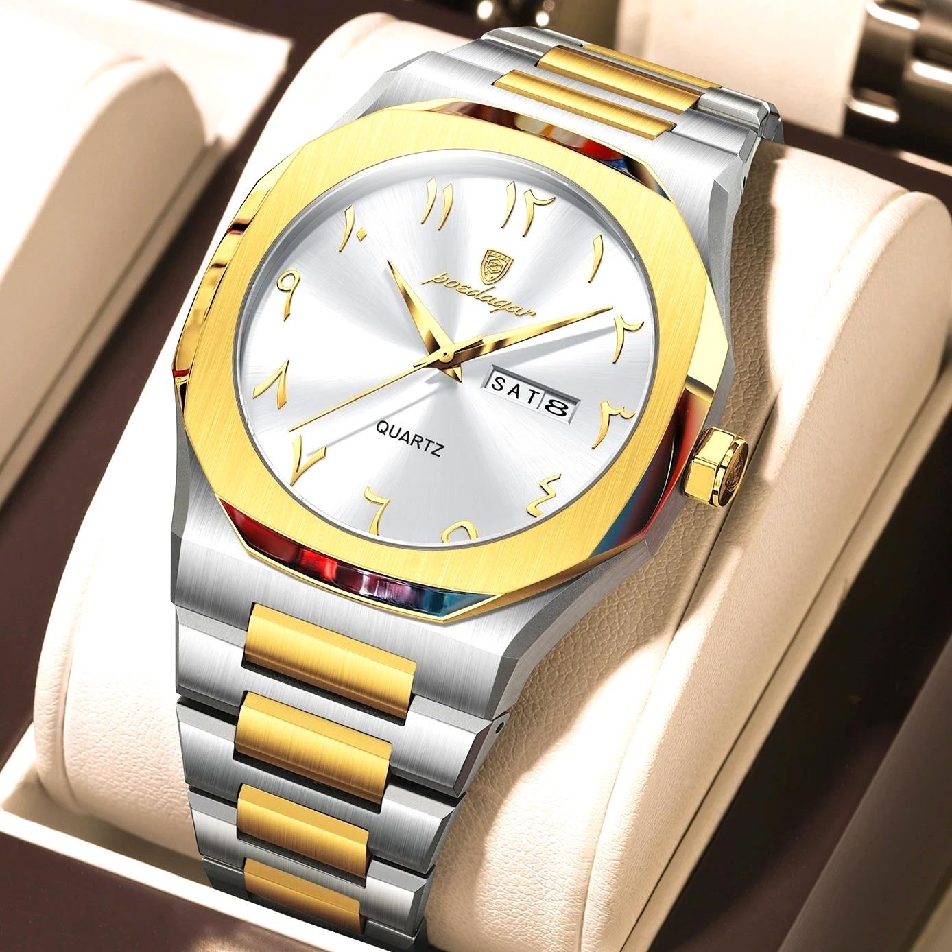 44MM POEDAGAR Arabic Dial Quartz Watch Men’s Stainless Waterproof Luminous NEW