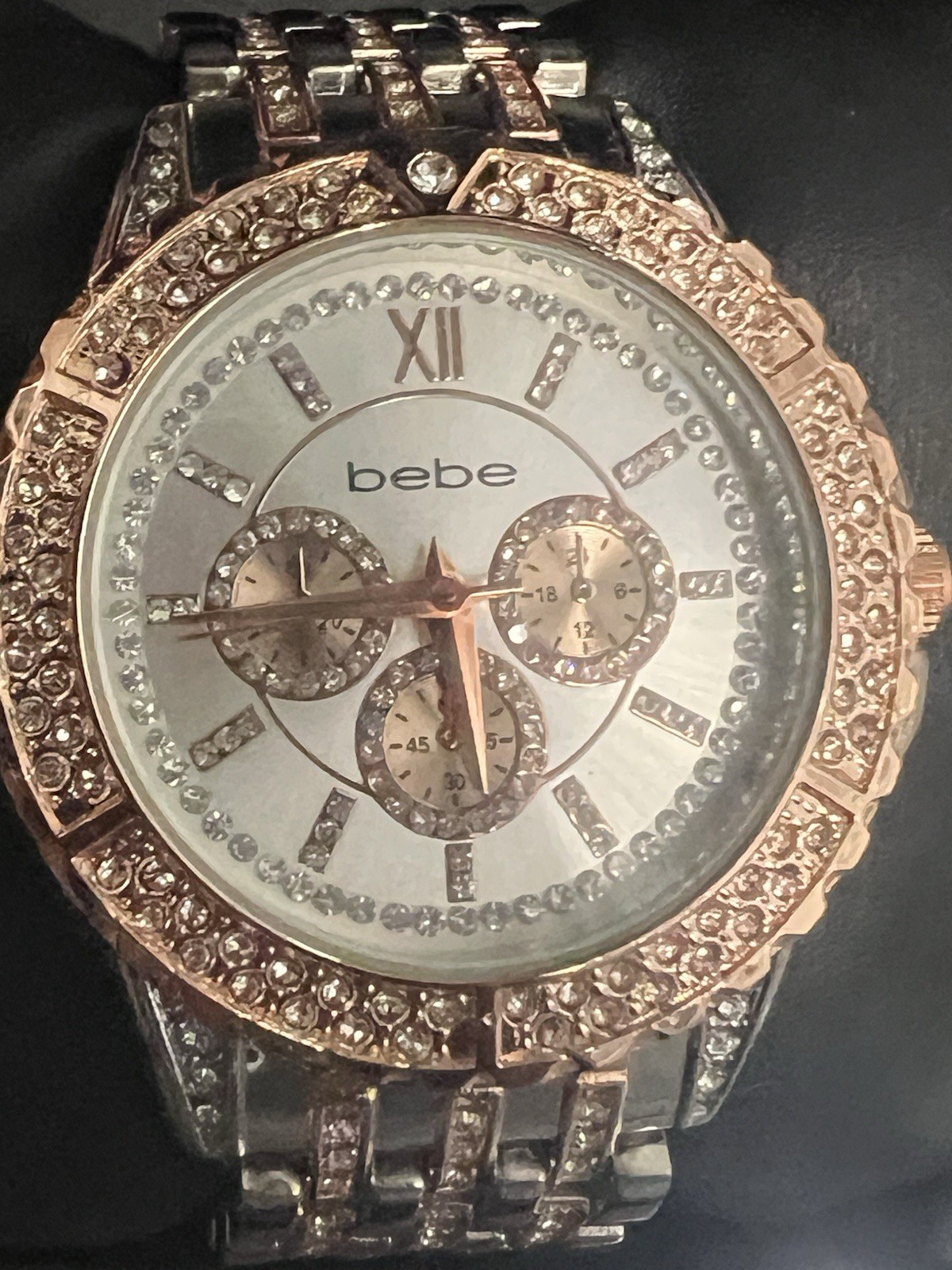 Bebe Rose Gold Silver Tone Crystal Bezel Dial Quartz Analog Ladies Watch NIB
