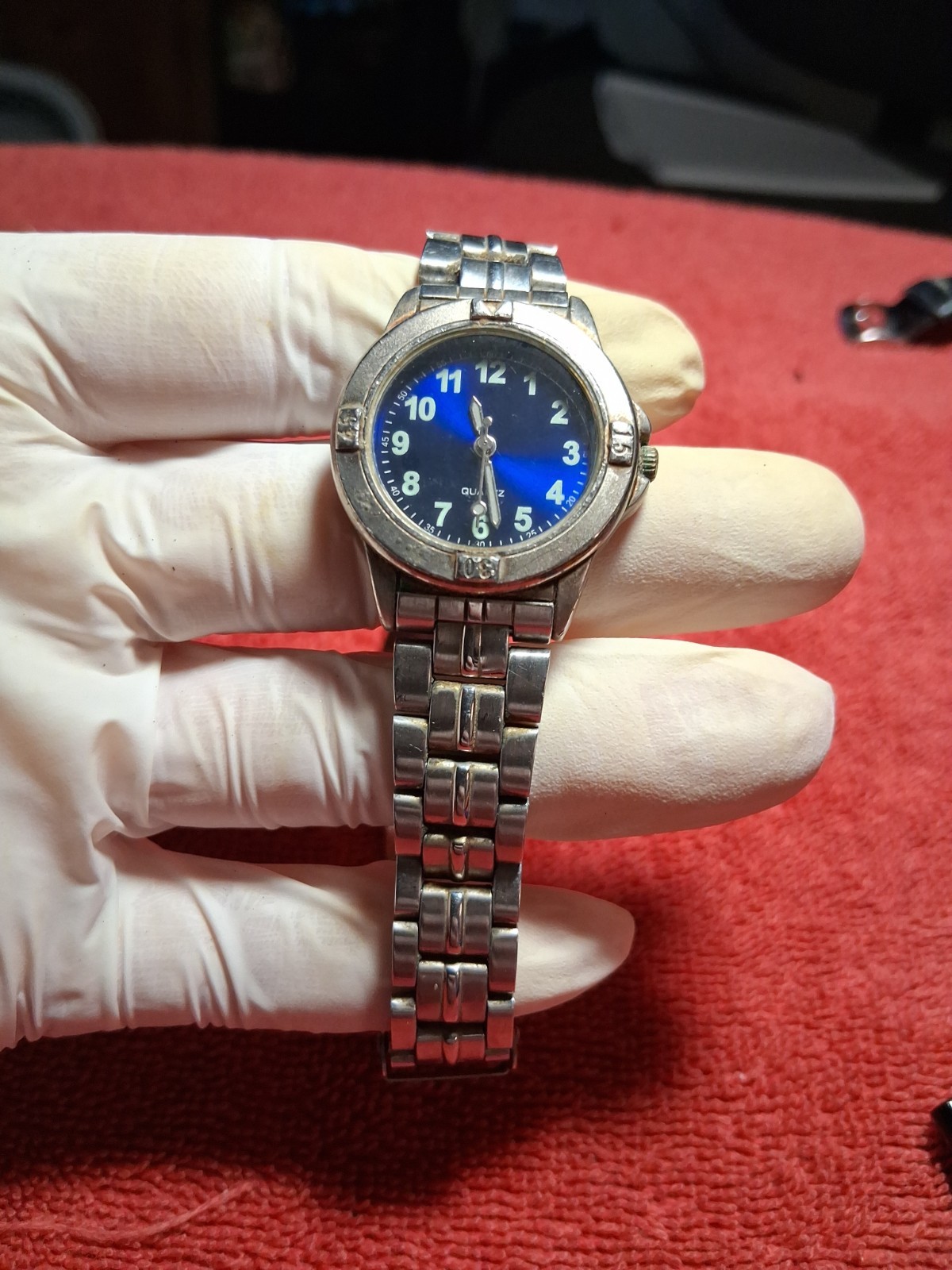 Vintage Silver Tone Quartz Watch With Link Bracelet And Blue Face Works!