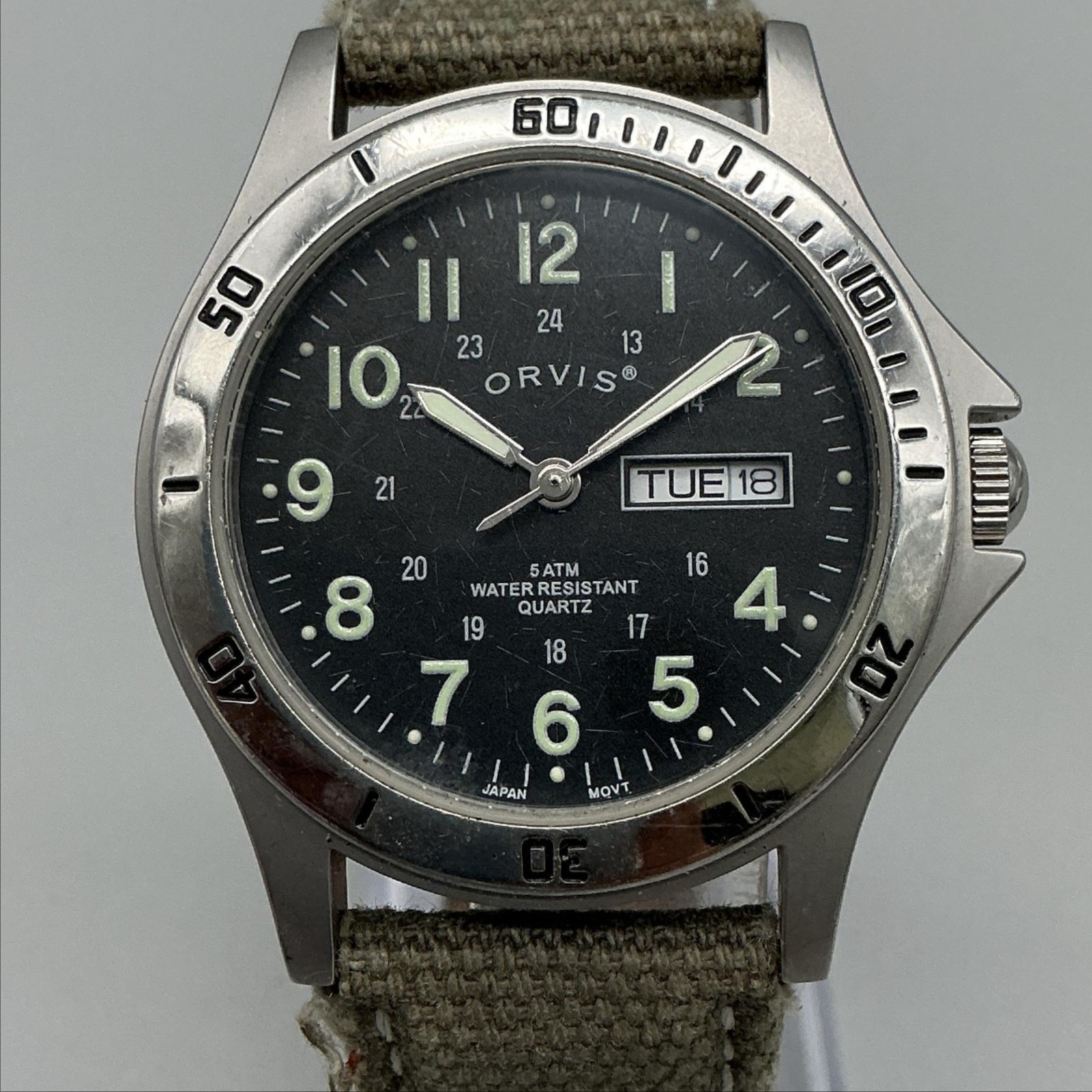 Orvis Mens Watch 38mm Black Dial Military Field Day Date Canvas New Battery