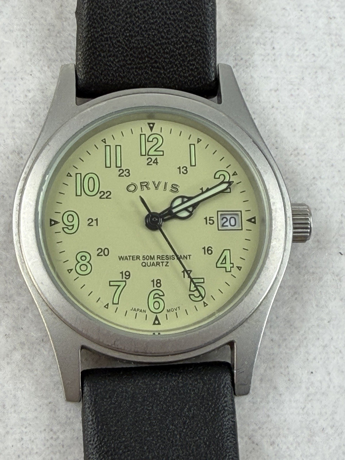 Orvis Watch Silver Tone Round Cream Dial Leather Band Date With Speidel Band 18