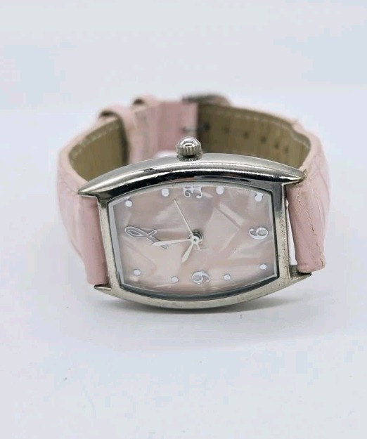Breast Cancer Watch Pink Faux Leather Silver Tone New Battery Awareness