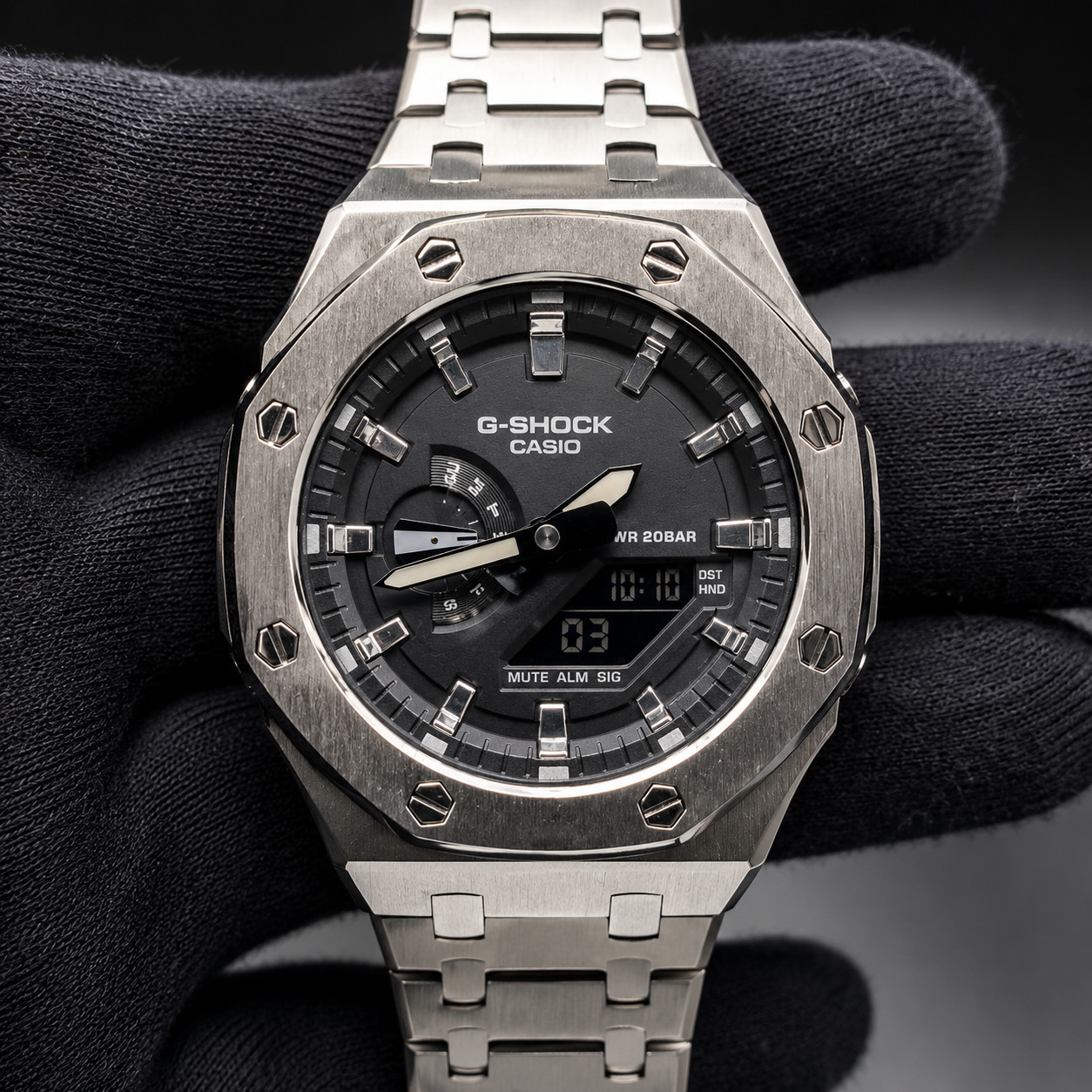 Casio GA-2100 G-Shock Watch – Metal Case & Strap Mod – Black/Silver