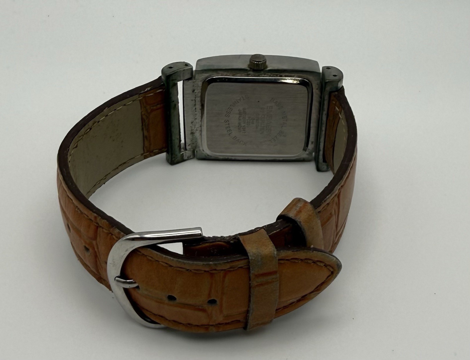 Gruen Embassy Quartz Silver Dial Silver Rectangular Case Date Brown Leather