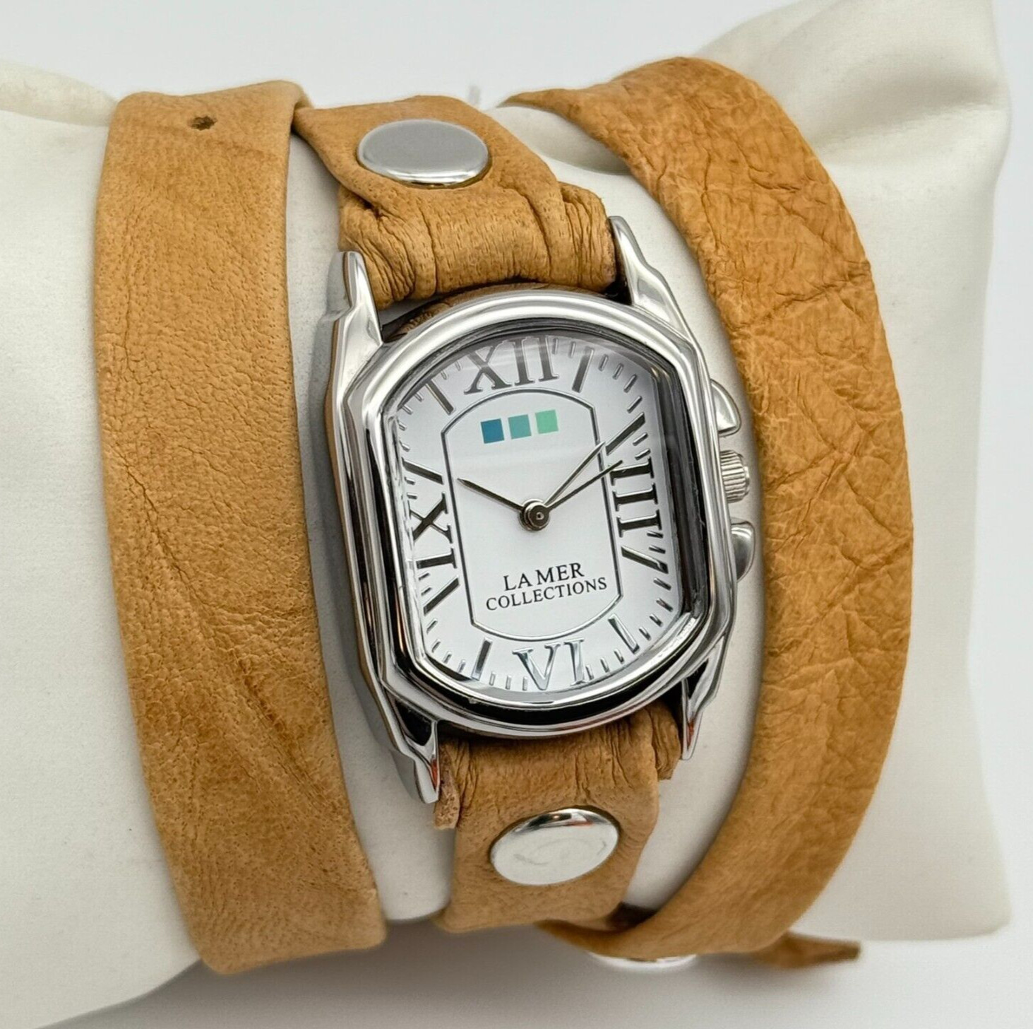 Ladies LA MER Collections Double Wrap Brown/Beige Leather, Silver Tone Watch