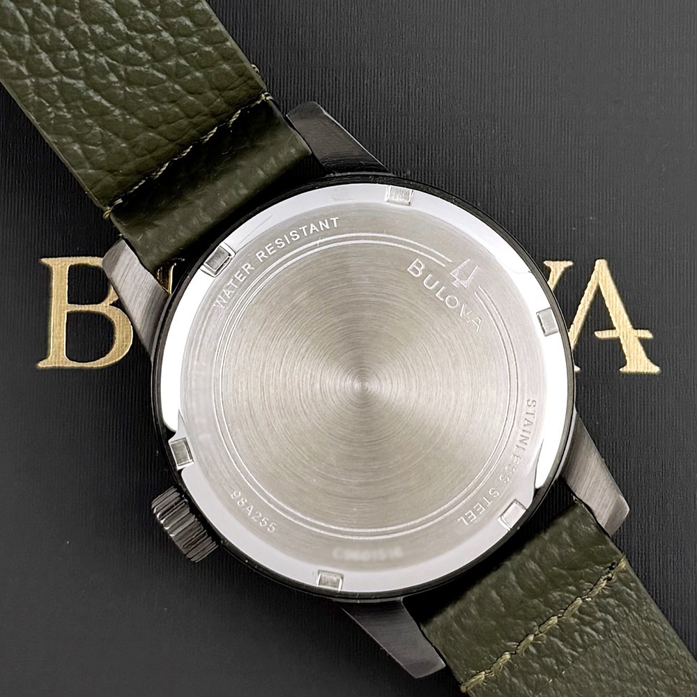 Bulova Men’s Hack Automatic Black Dial Green Leather Strap Watch 98A255