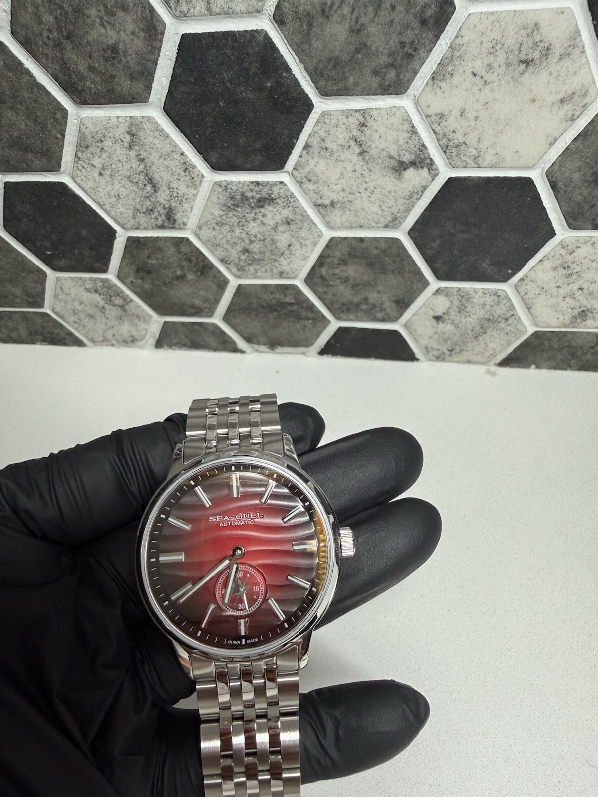 Seagull Automatic Mechanical Red/Black Dial Lume Small Sec SS Bracelet 50m