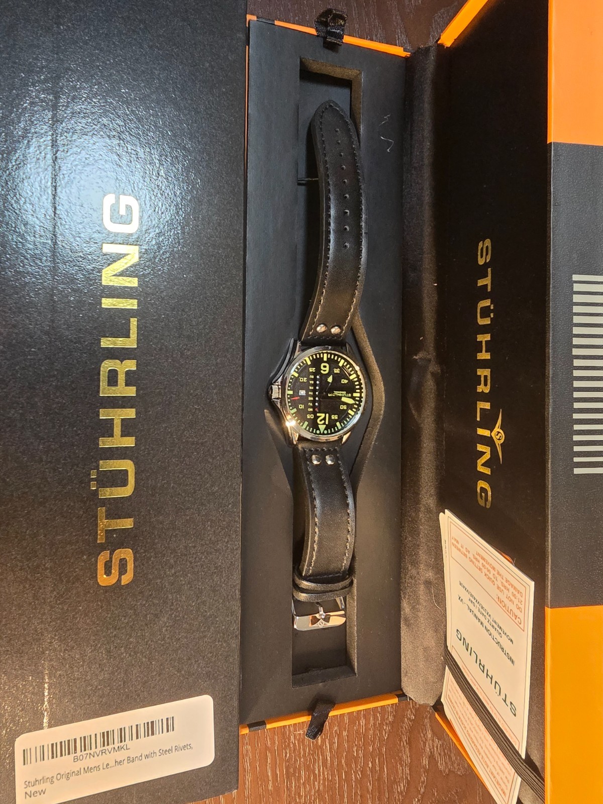 Stuhrling Aeronaut Men’s Watch Green Black Japan Quartz Leather 3916 Aviator New