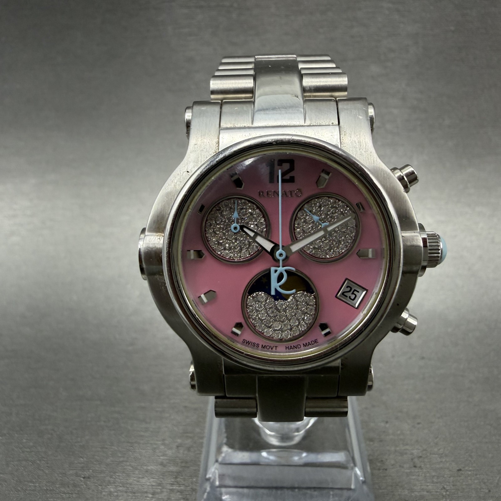Renato Beauty Chrono Watch Women 36mm MOP Dial Steel Diamond Moonphase New Batt