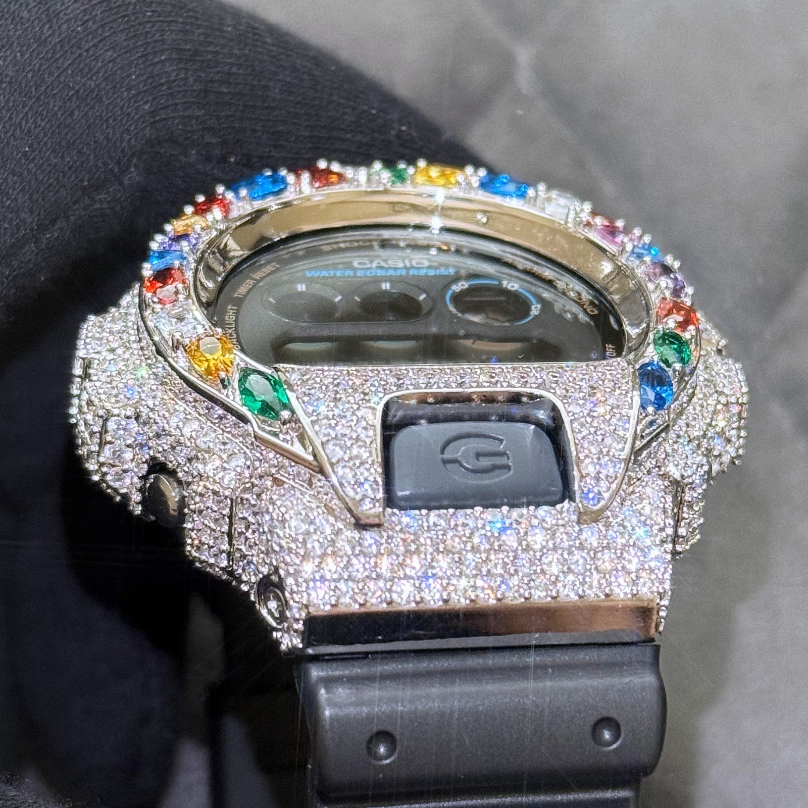 Authentic Casio G-Shock DW6900 Custom Multi Color Gemstone Iced Out Watch Silver
