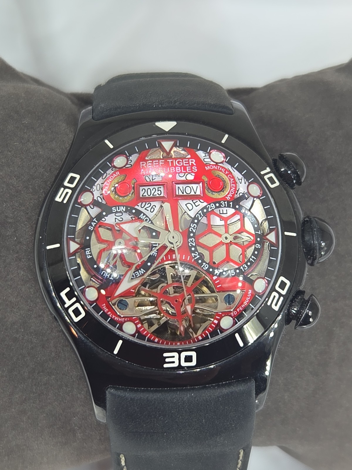 Reef Tiger Mens RGA703 Watch Automatic Skeleton tourbillon Day Date Year Month