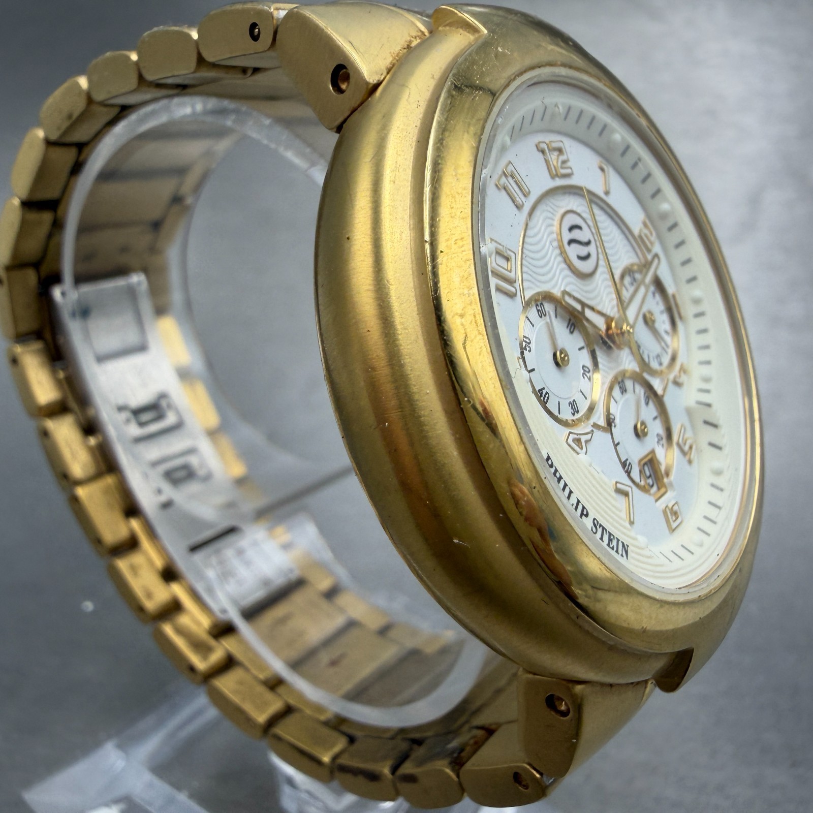 Philip Stein Active Chronograph Watch Men 45mm White Dial Gold Tone New Battery