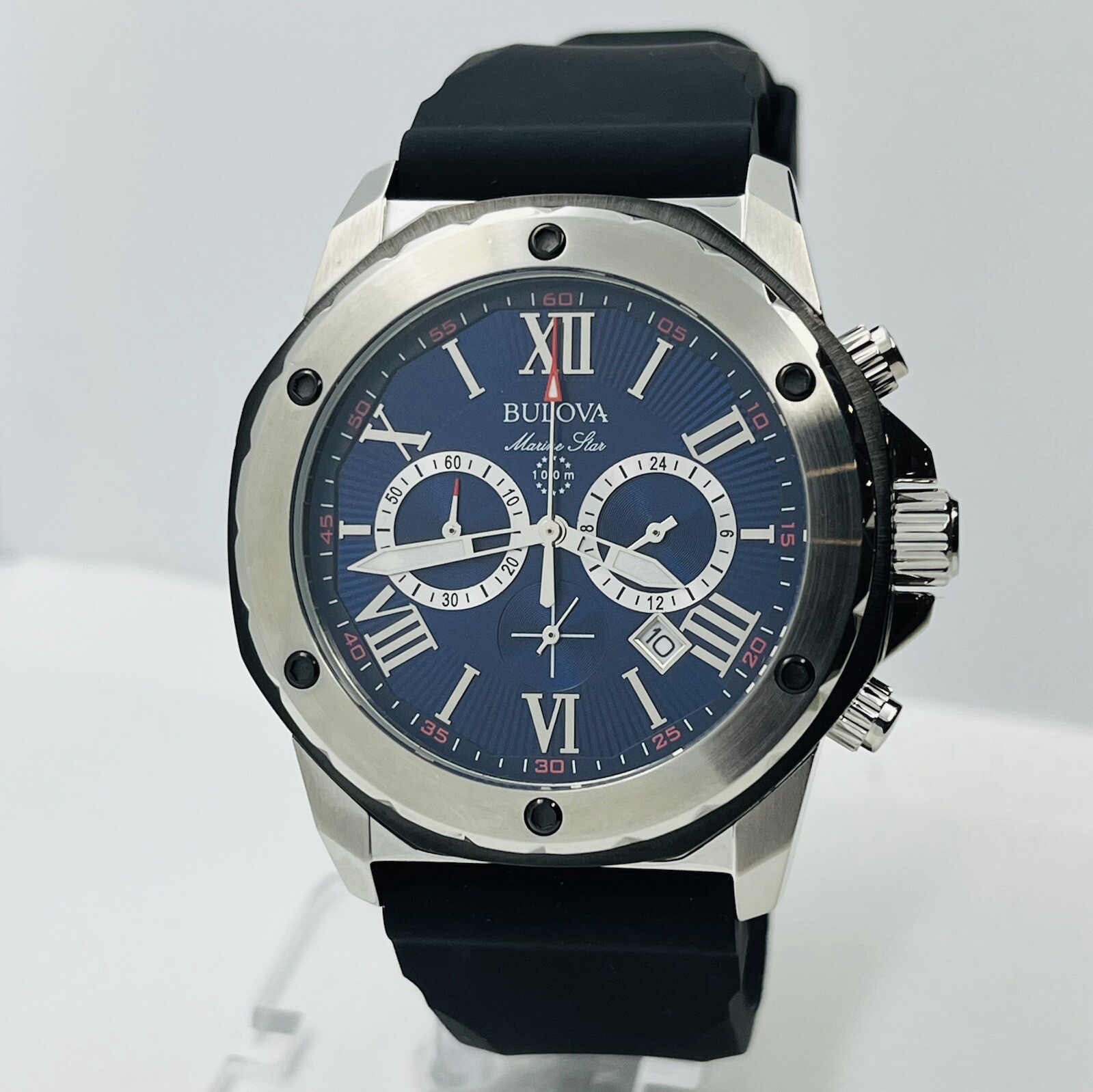 Bulova Marine Star Men’s Chronograph Blue Dial Steel 10ATM 44mm Watch 98B258