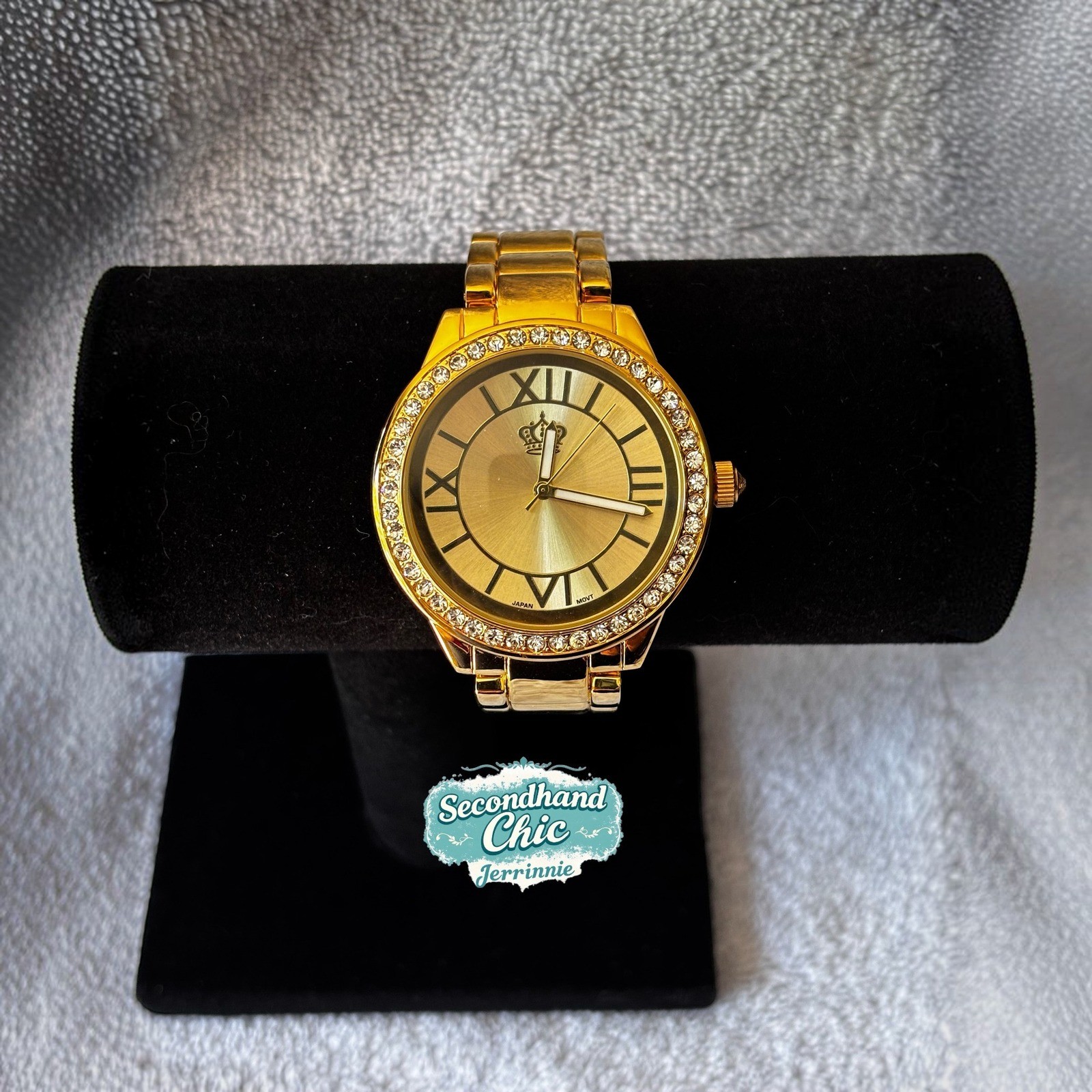Premier Designs 8459 Gold Tone Crystal Bezel Roman Numeral Watch Japan Movt
