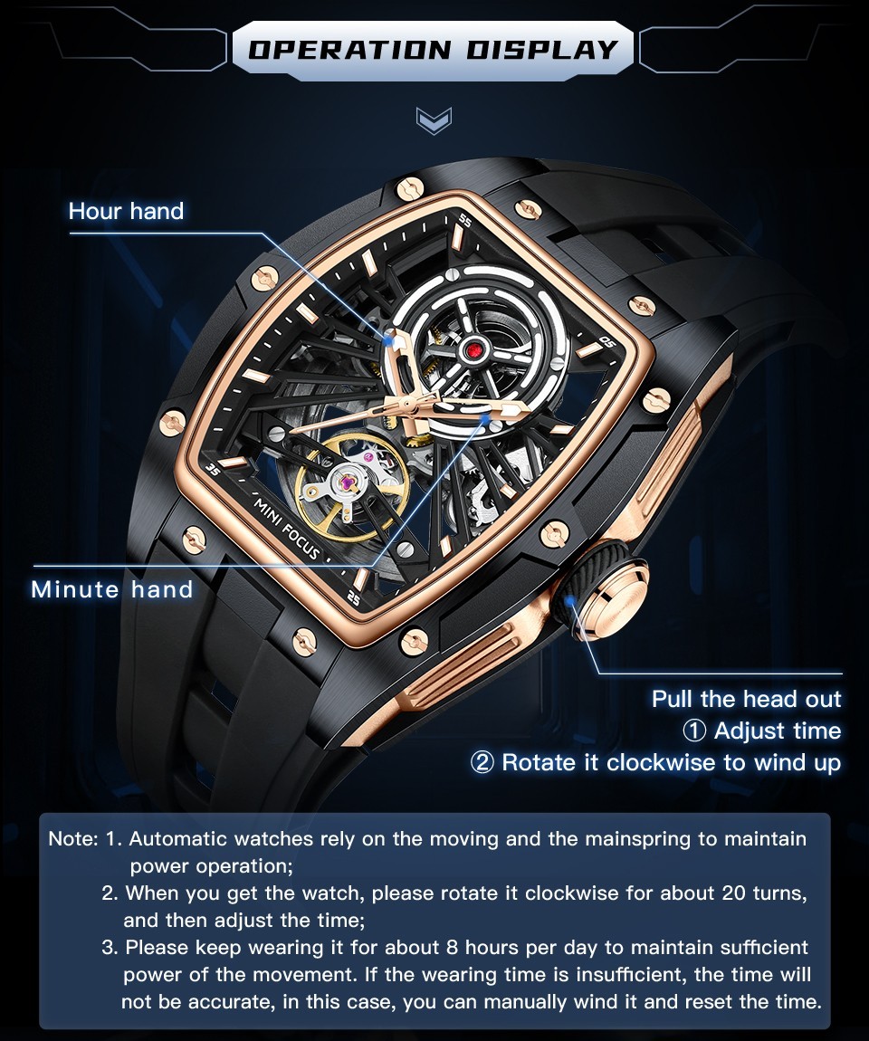 MINI FOCUS Men’s Tonneau Skeleton Flywheel Silicone Automatic Mechanical Watch