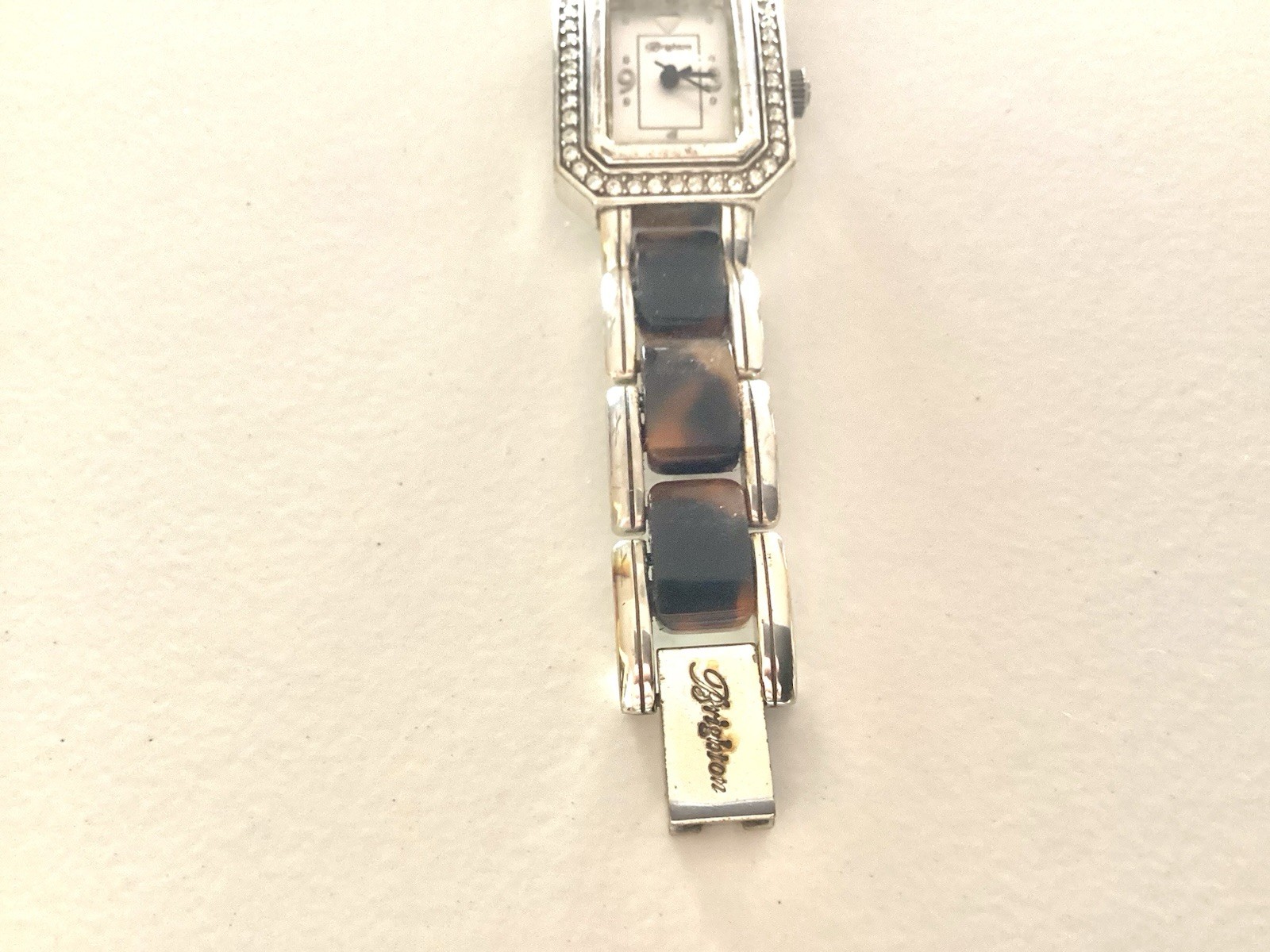 Brighton Encino Watch Tortoise Shell Clear Crystals Silver Needs Battery Small