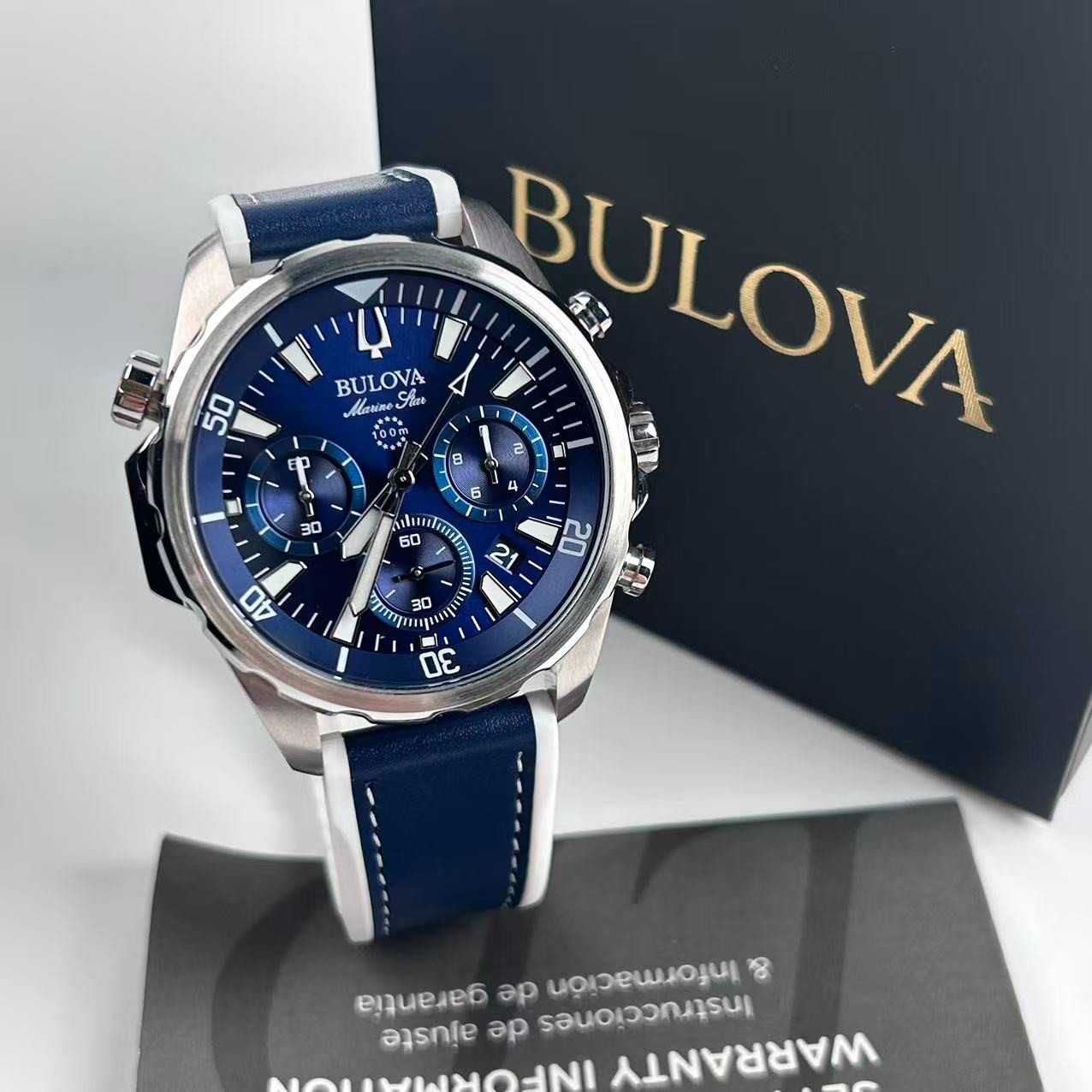 New Bulova Marine Star 96B287 Blue Dial Men’s Chronograph Quartz Watch 43 mm