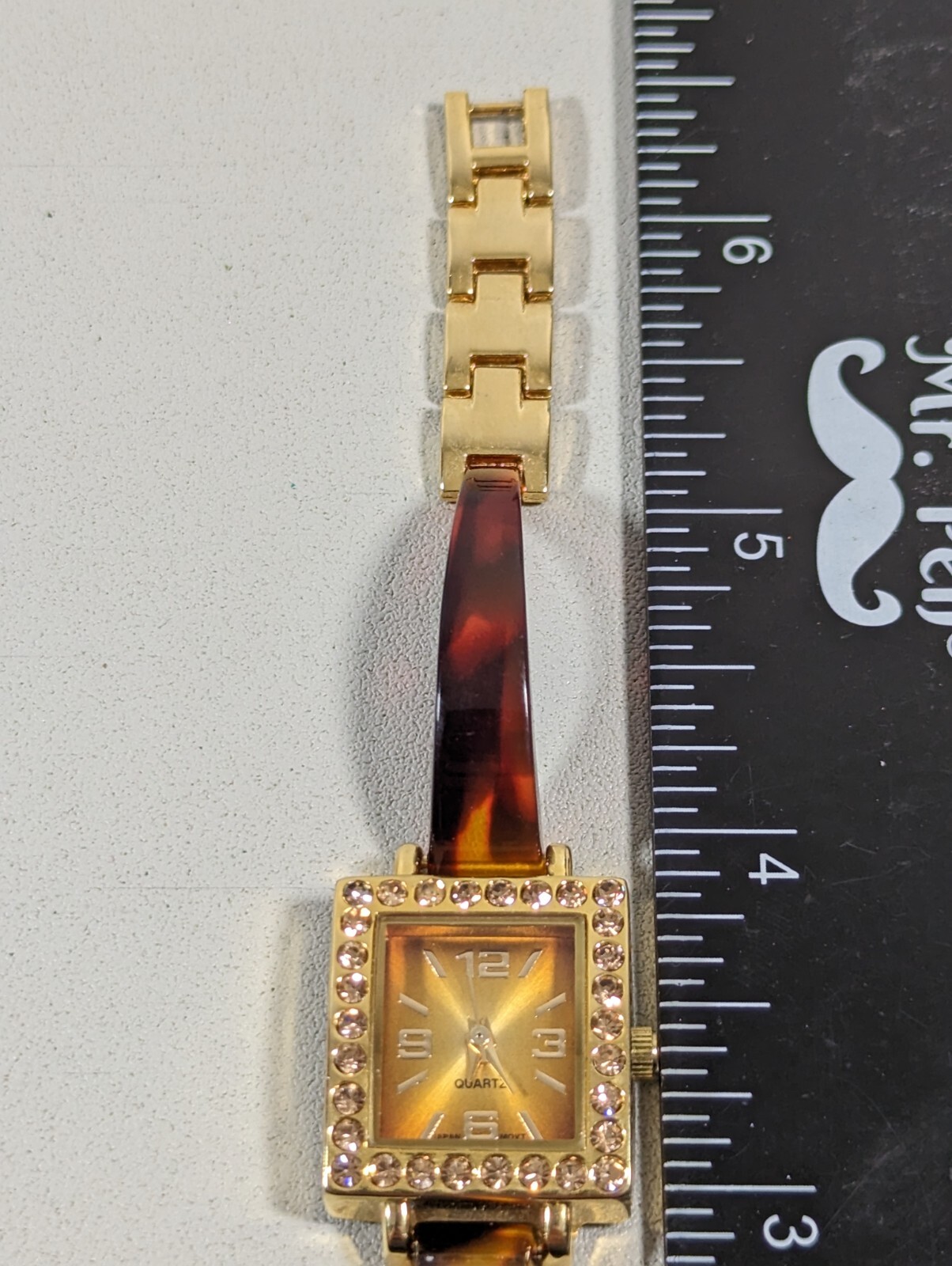 Brown Dial Crystal Accent Gold Tone Square Case Faux Tortoise Shell Band Watch