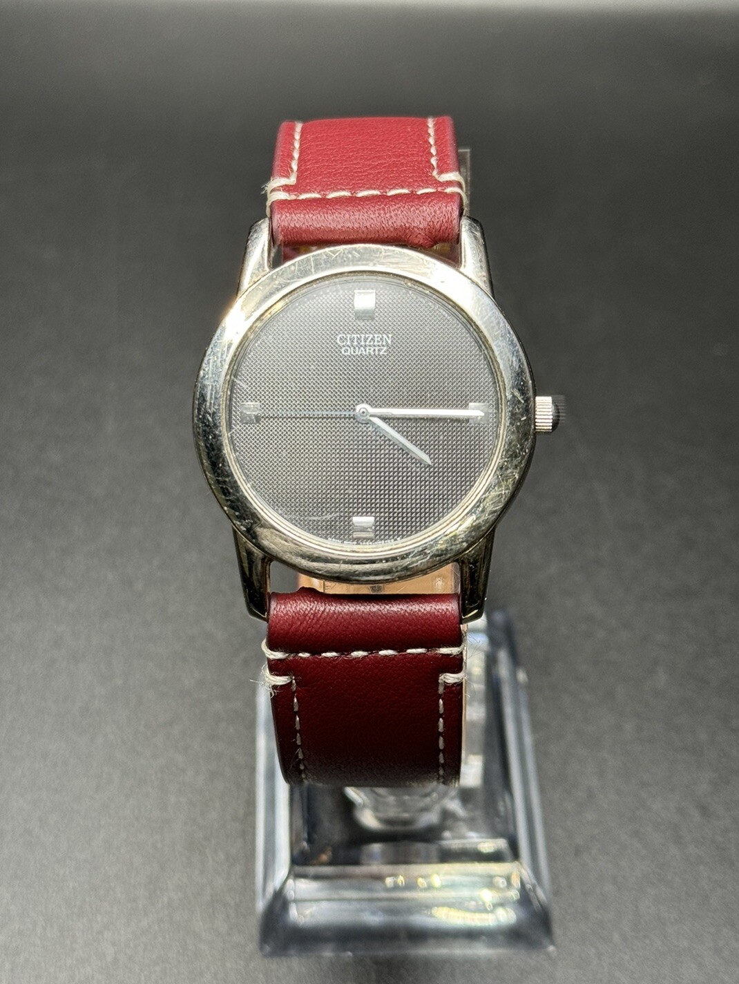 Citizen Quartz Silver Tone Dark Gray Dial Number-Less Watch Burgundy Strap