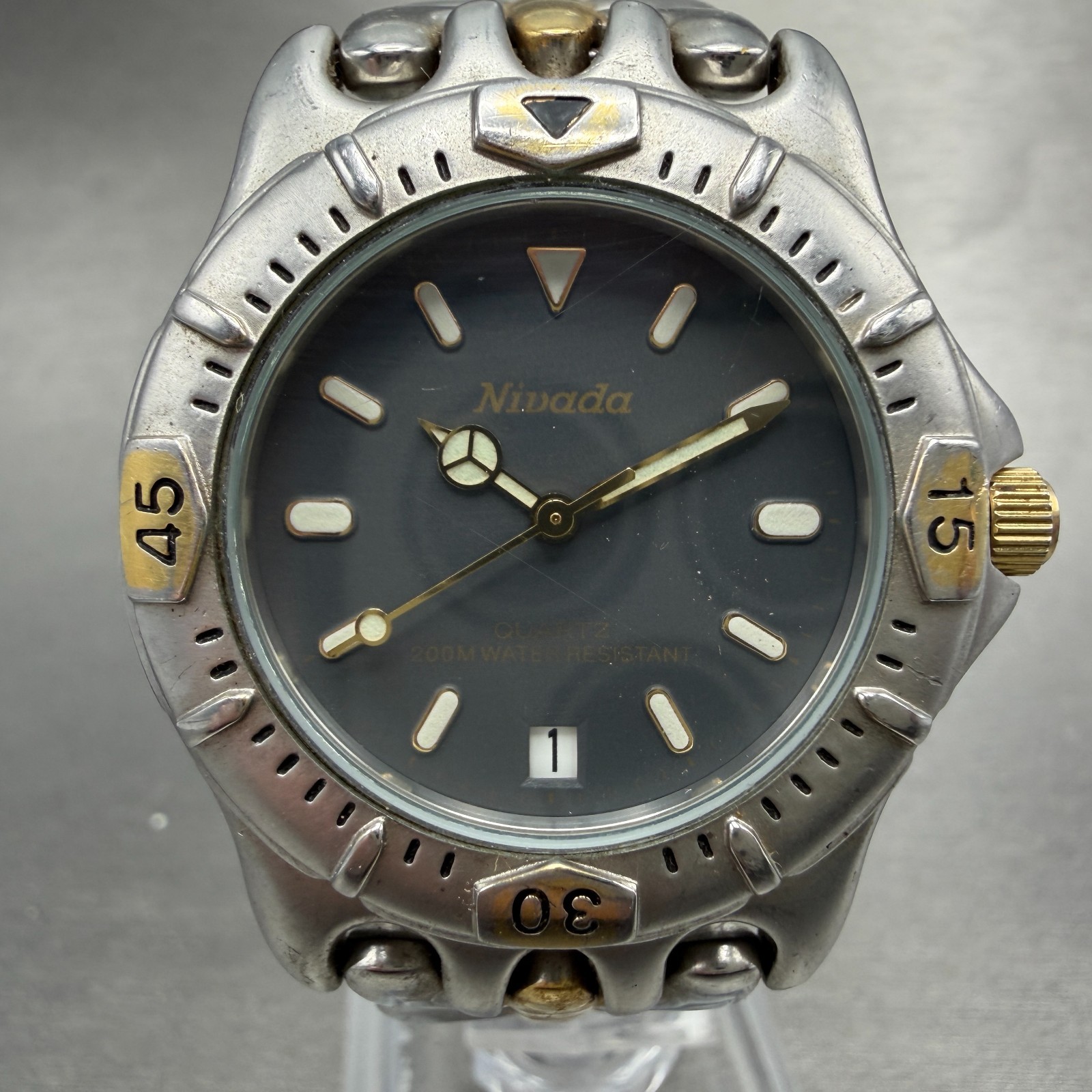 Nivada Dive Watch Men 35mm Gray Dial Two Tone Date Round New Battery