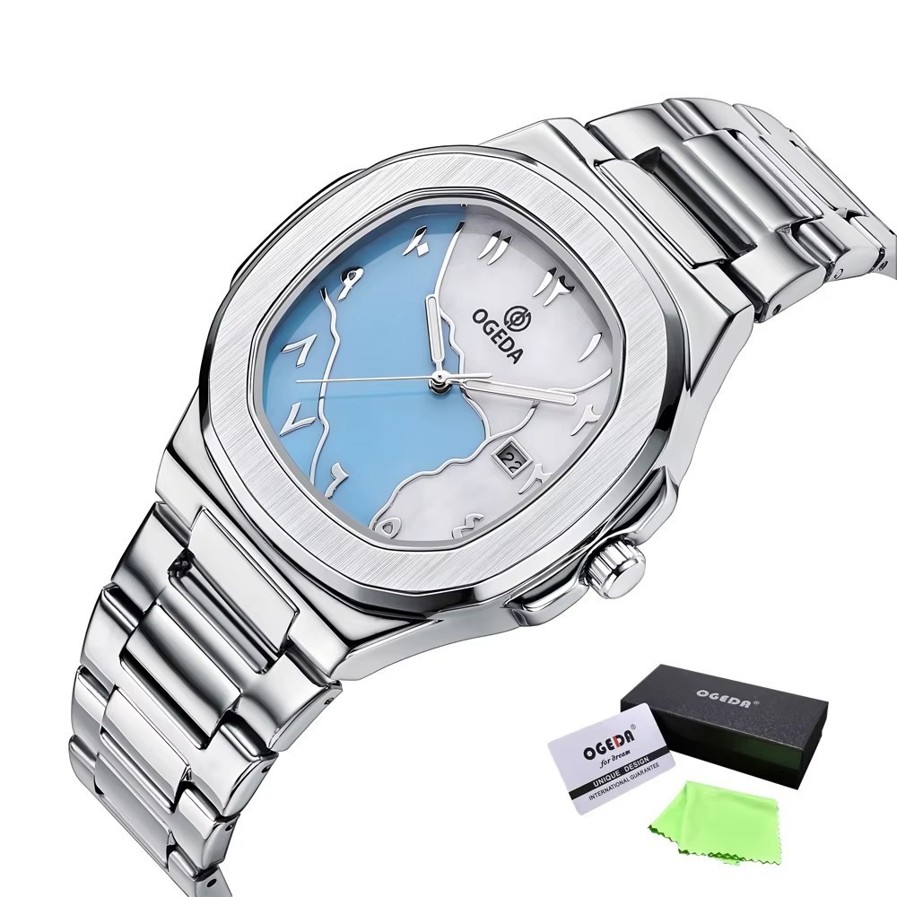 44MM OGEDA Men’s Quartz Arabic Numeral Watch 30M Waterproof Diver Stainless NEW